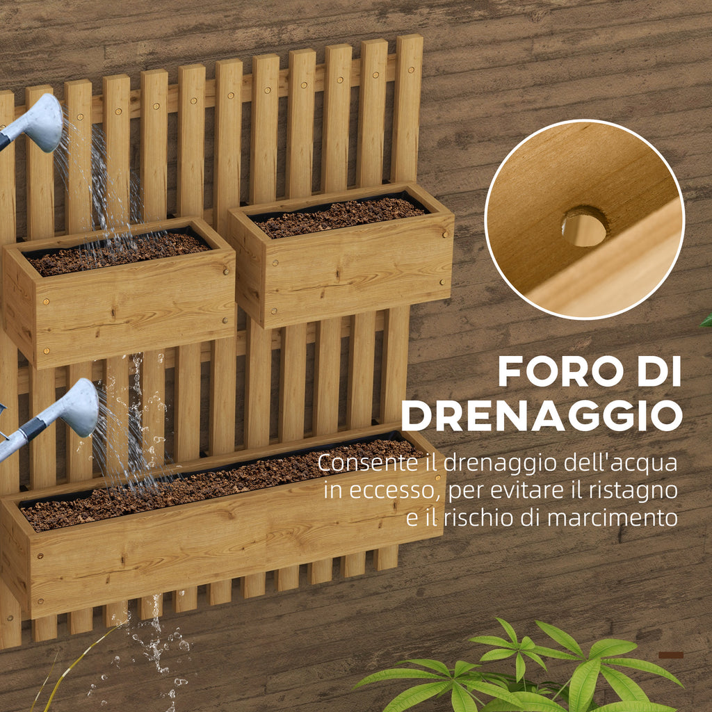 Vertical Slatted Planter with 3 Removable Pots, in Fir Wood, 60x16x80 cm, Burnt Brown