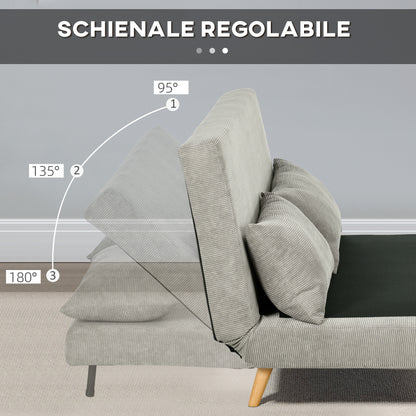 Double Sofa Bed with Adjustable Backrest and 2 Cushions, in Linen Effect Fabric Grey