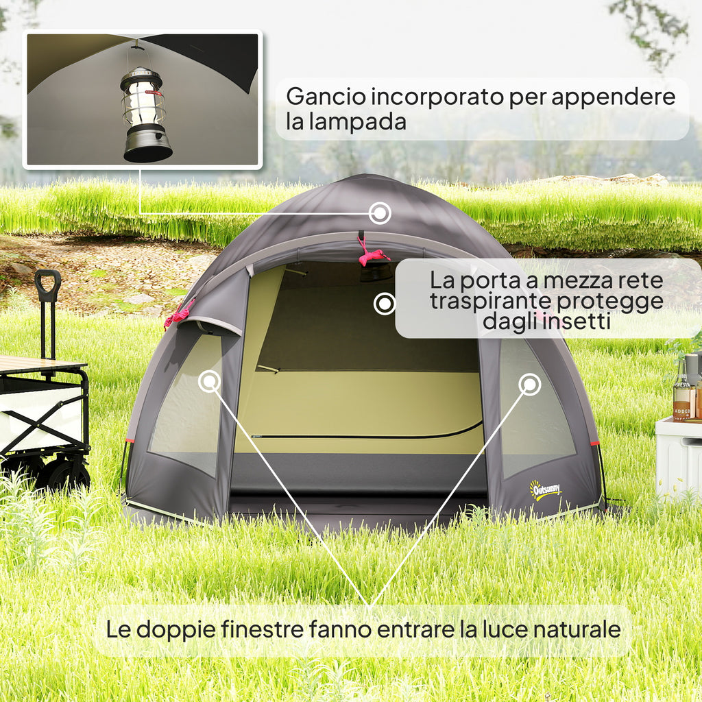 Tunnel Tent for 2-4 People with Side Windows and Hook, 190T Polyester and PE, 3.3x1.9x1.2 m, Black