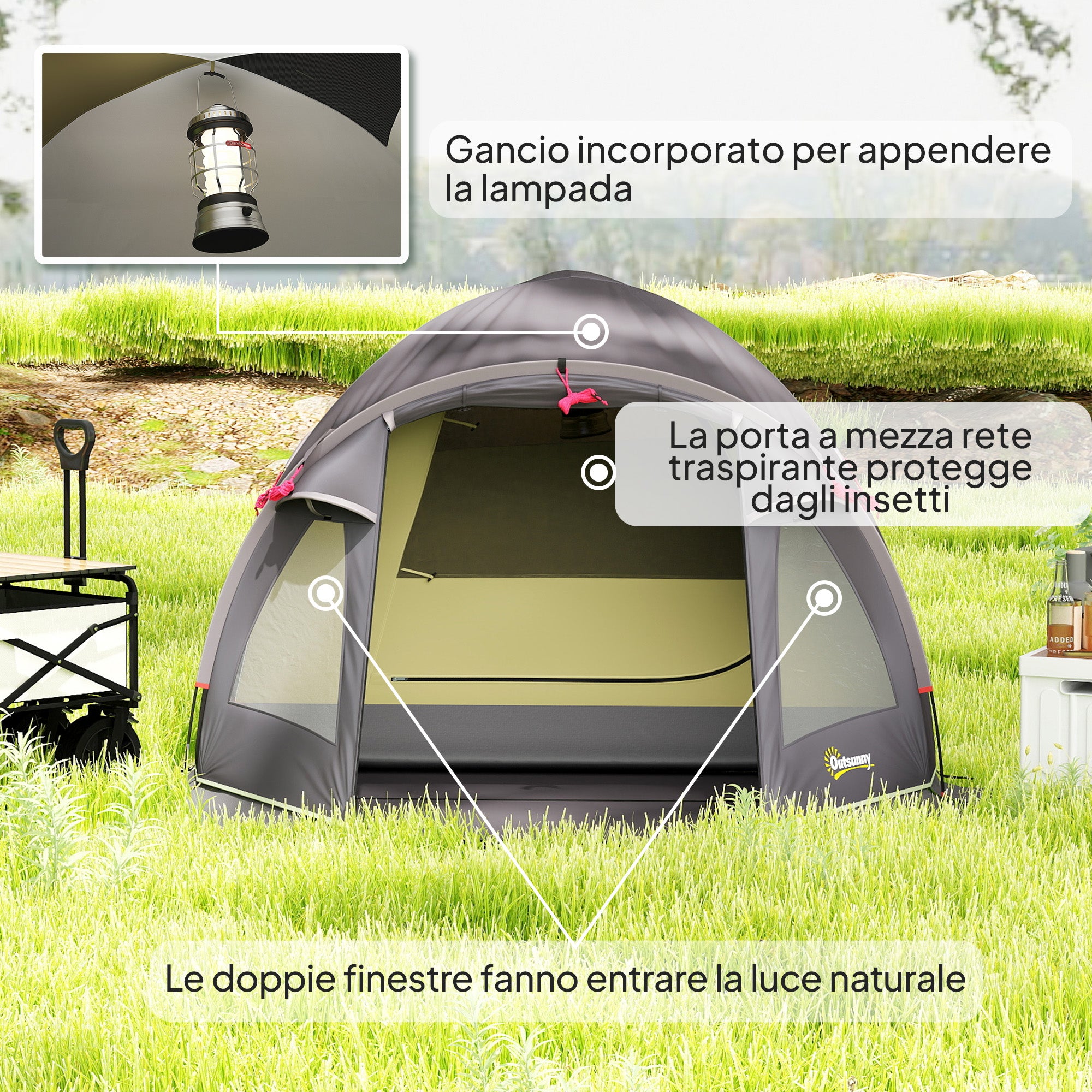 Tunnel Tent for 2-4 People with Side Windows and Hook, 190T Polyester and PE, 3.3x1.9x1.2 m, Black