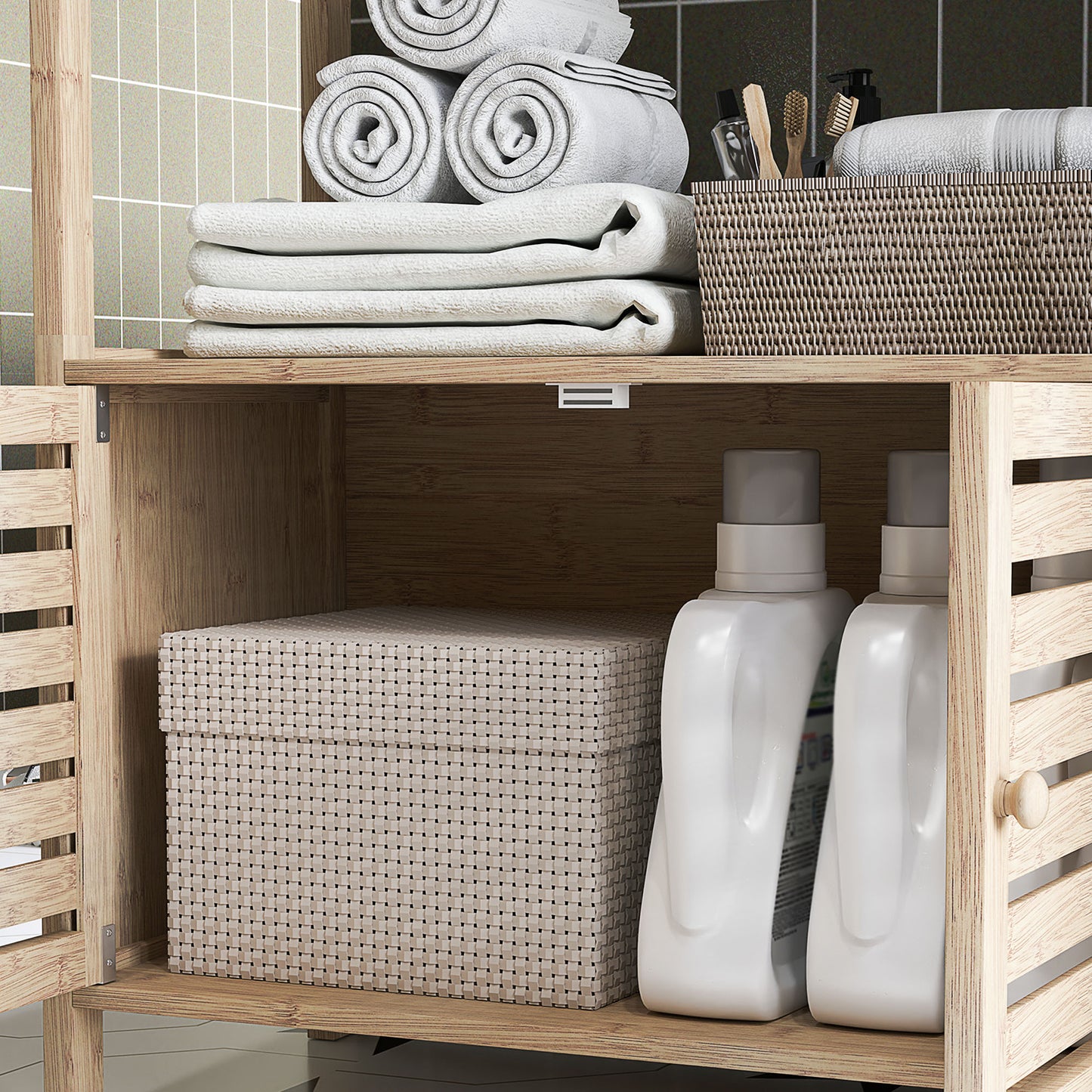 Bamboo Bathroom Cabinet with 3 Shelves and Lower Cabinet, 63x30x138 cm, Wood and White Color