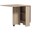 LEAF - Foldable Table with 2 Flaps for 6 People with Shelves and Integrated Wheels, Natural Wood