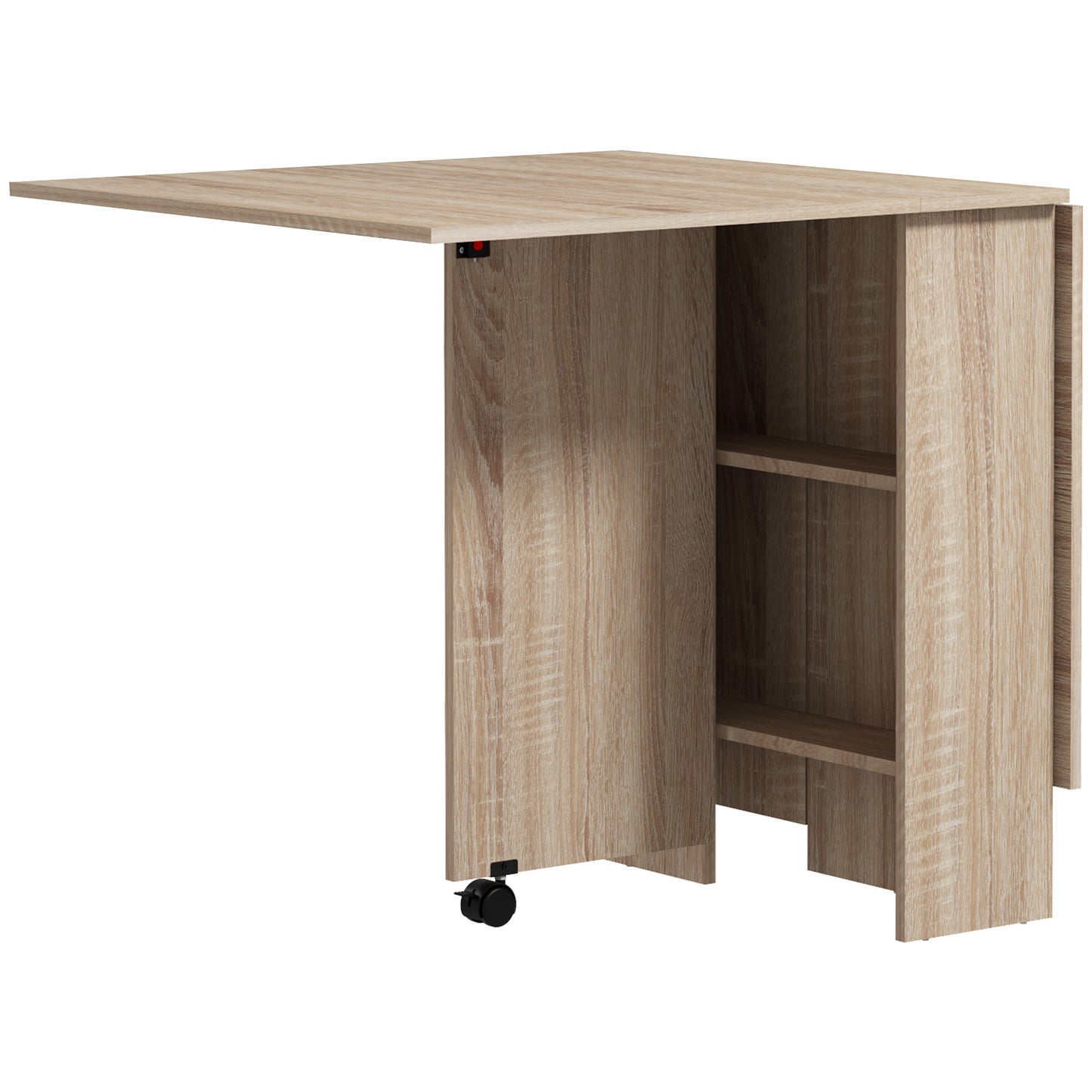 LEAF - Foldable Table with 2 Flaps for 6 People with Shelves and Integrated Wheels, Natural Wood