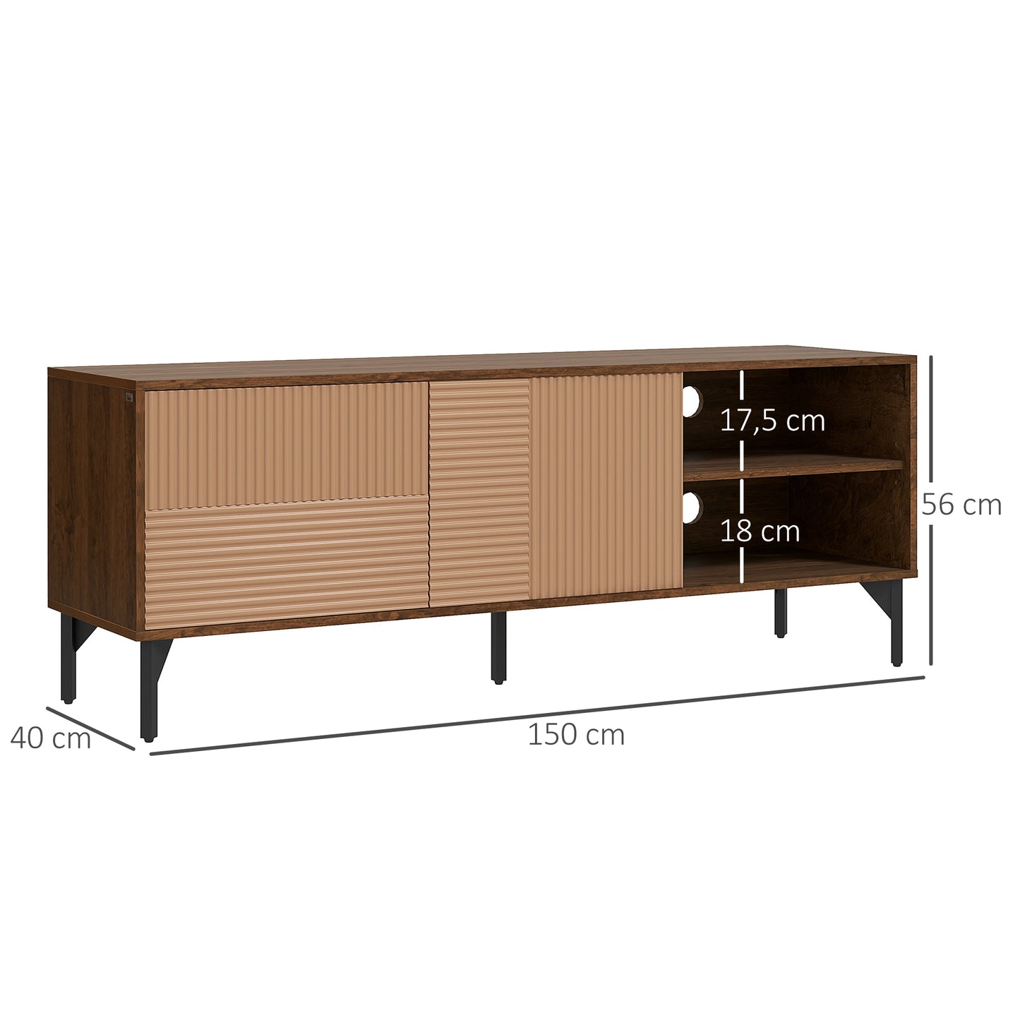 TV Cabinet up to 65" with 2 Cabinets and 2 Open Wooden Compartments, 150x40x56cm, Brown - Borgè