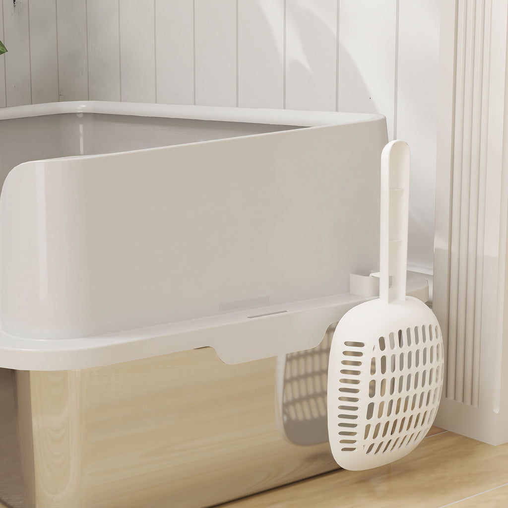 Cat Litter Box with Raised Edges, Tray and Scoop, Stainless Steel and PP, 60x40x28 cm, Light Grey