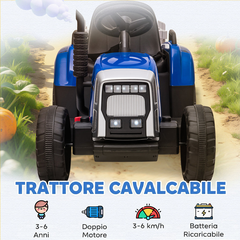 HOMCOM Electric Tractor for Kids with Removable Trailer, Remote Control, USB Port, Music and Lights, Ages 3-6 Years, Blue