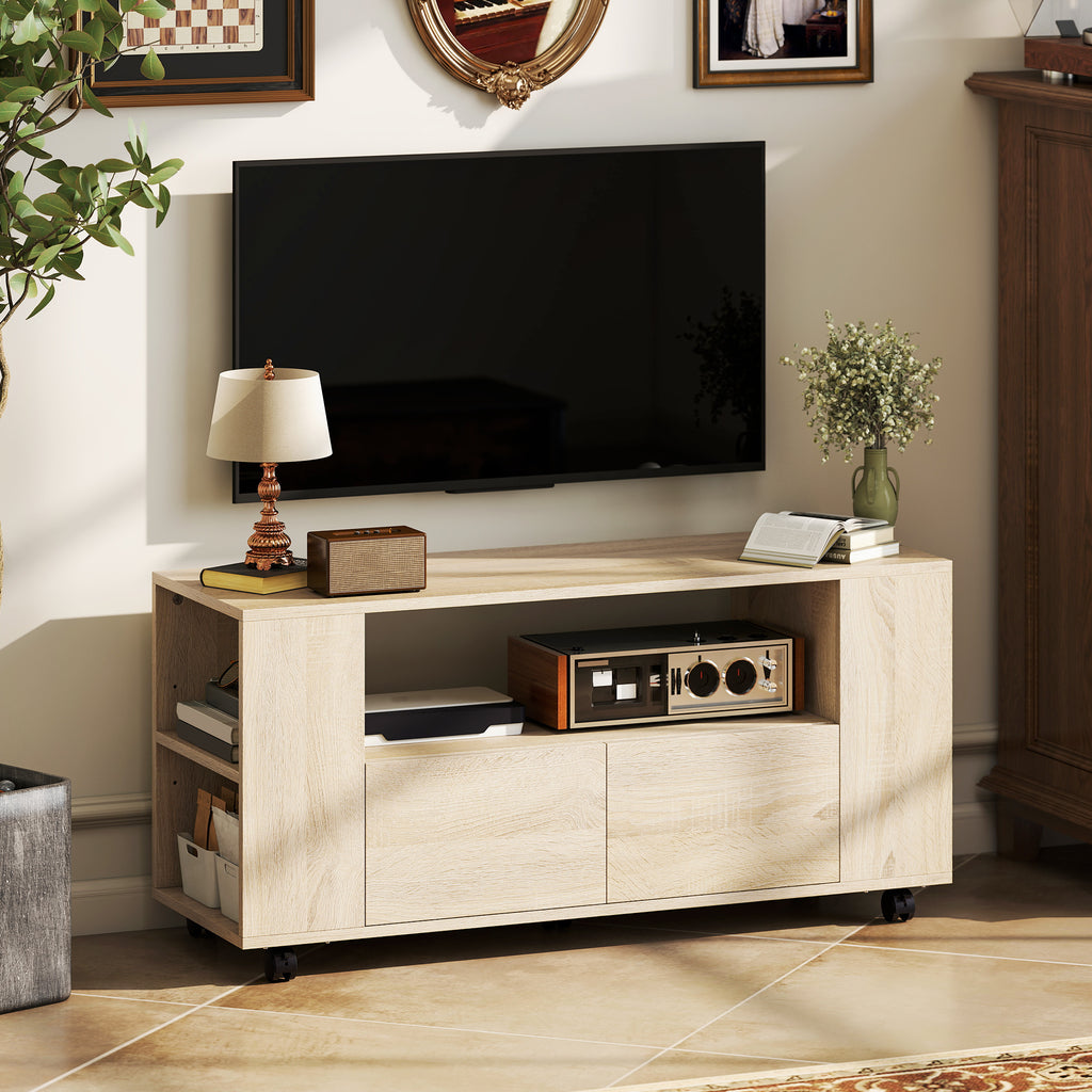 42" TV Stand with Swivel Wheels and Brake, Adjustable Shelves and Drawers, 102x34.5x48.5 cm, Wood