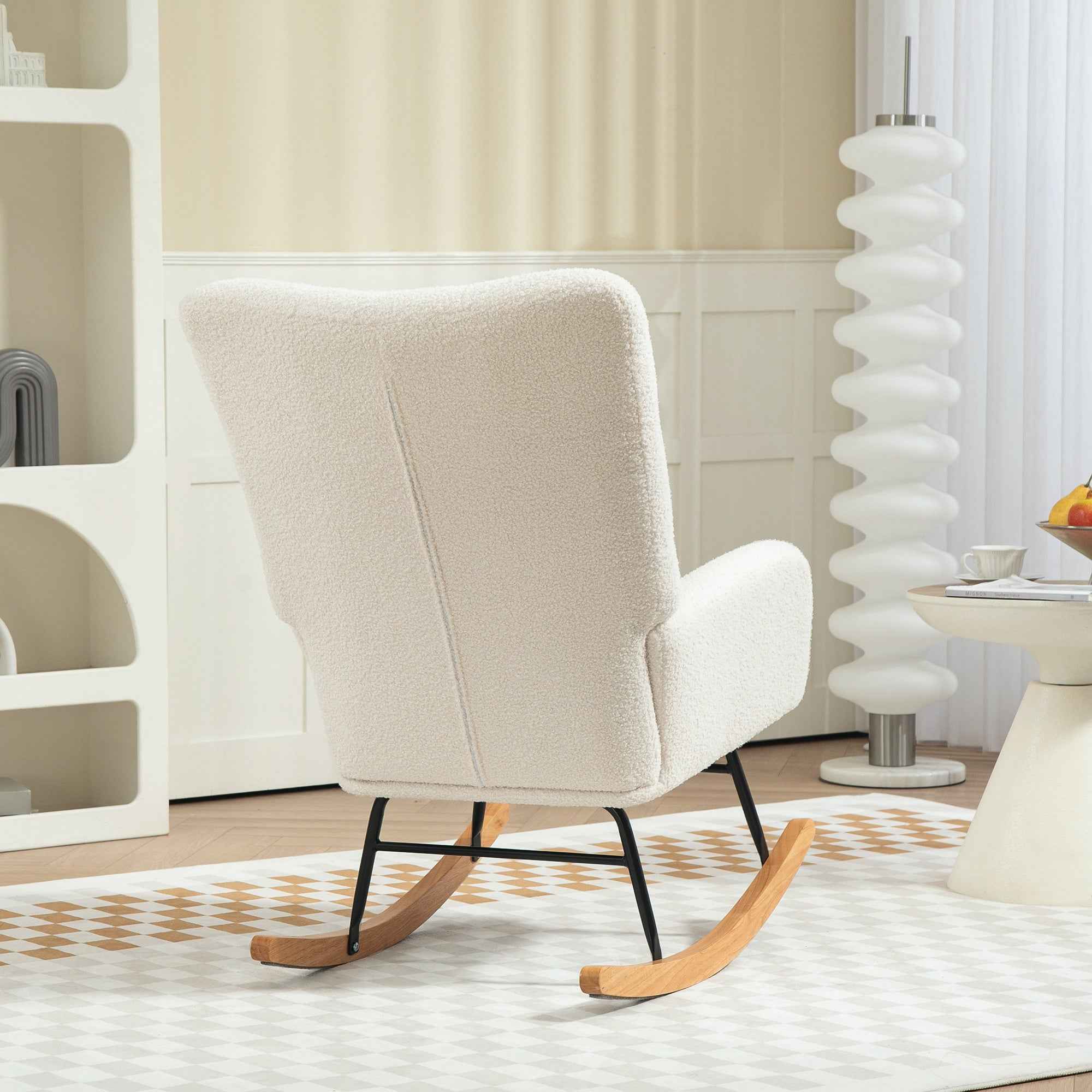 Teddy Velvet Rocking Chair, Metal and Wood for Bedroom and Living Room, 70x94x100 cm, Cream White