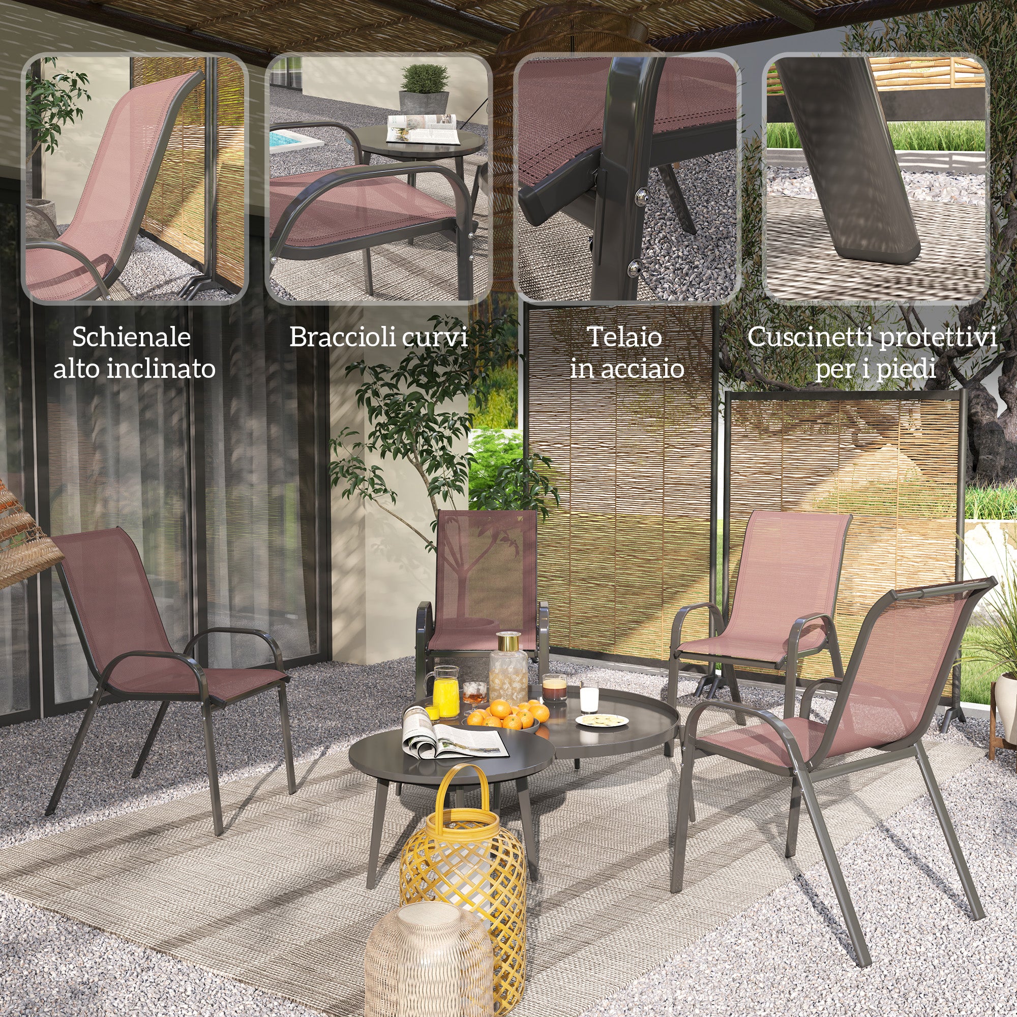 Set of 4 Stackable Garden Chairs with Curved Armrests, Steel and Breathable Fabric, 54x71x93 cm, Brown