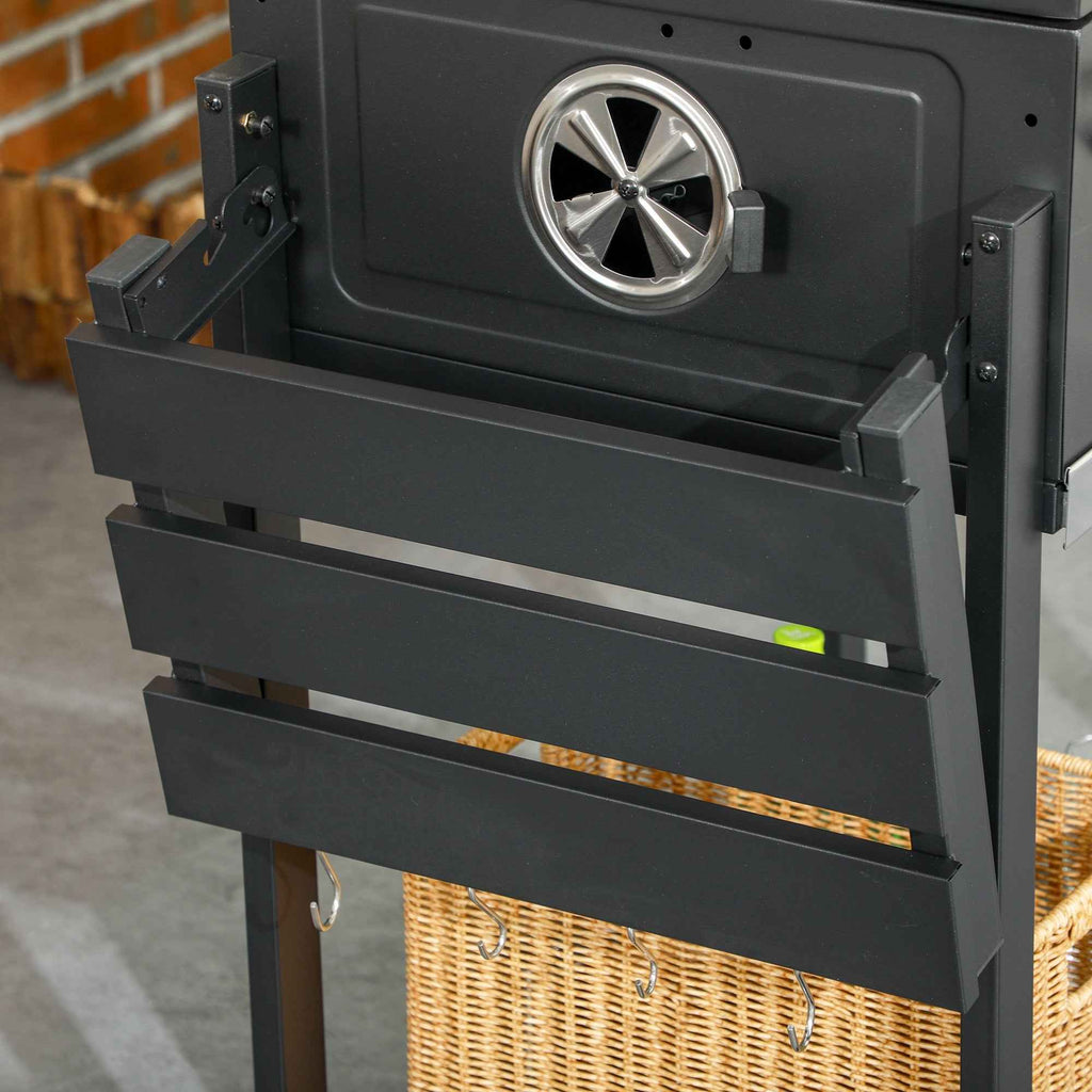 Outsunny Charcoal Barbecue with Lid, Thermometer, Adjustable Grill, Wheels and Side Tables, Black