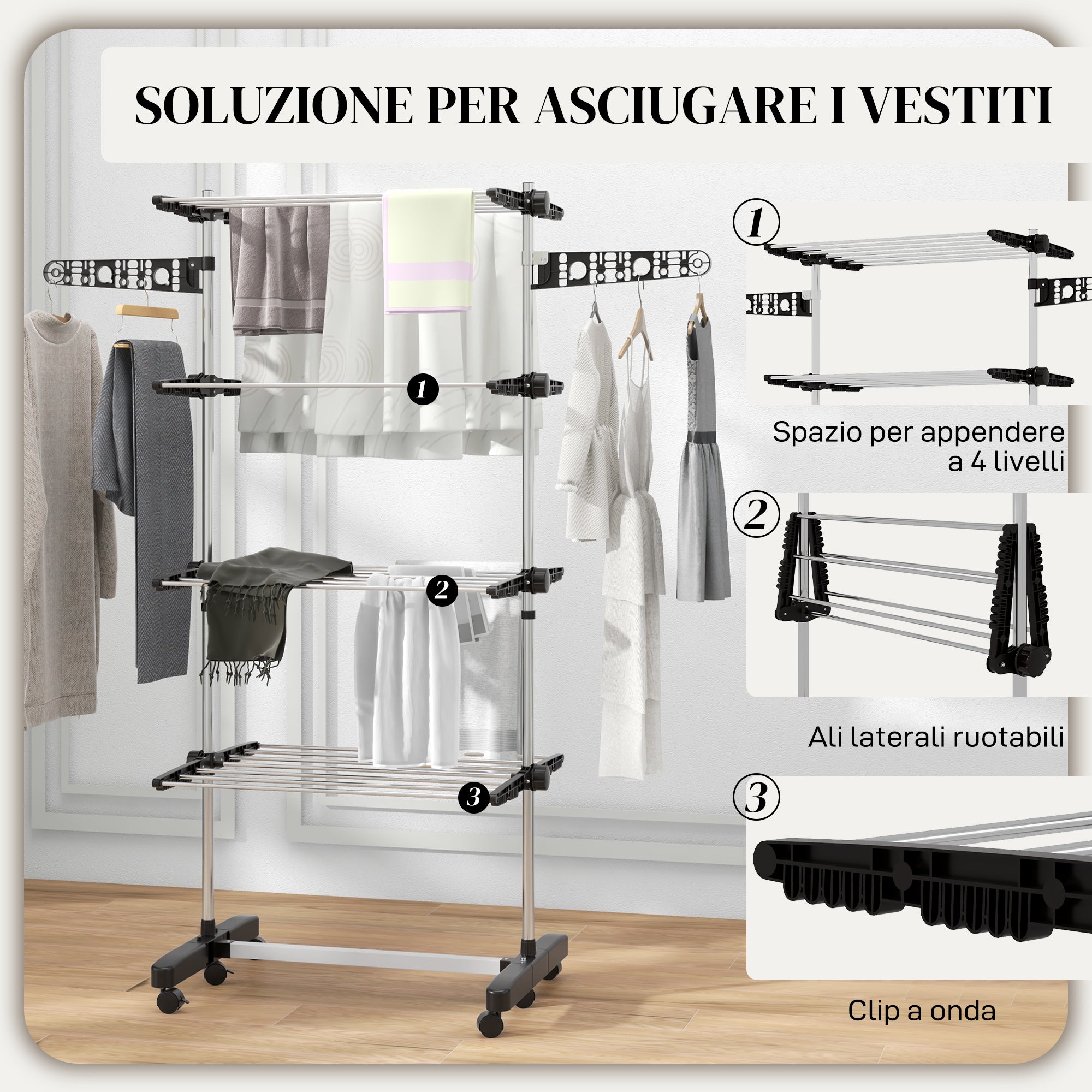 Vertical Clothes Drying Rack with 4 Adjustable Shelves, in Steel and Plastic, 142x55x172 cm, Black and Silver
