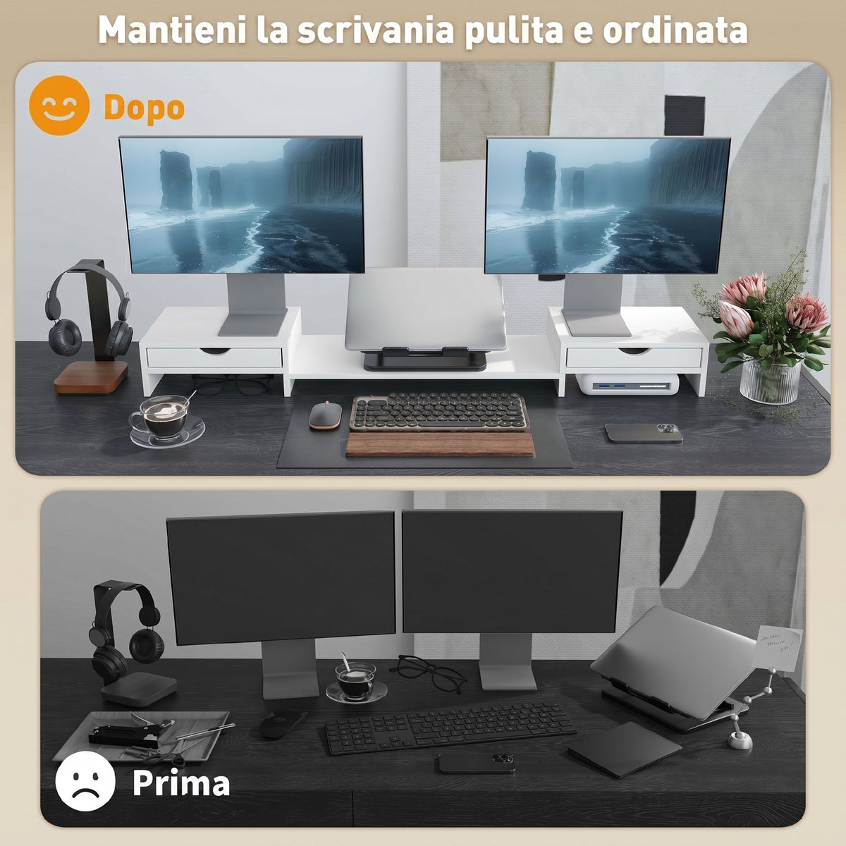 HOMCOM Desk Monitor Stand with 2 Drawers, 3 Spaces Below, Up to 14kg, 60-116x22x12cm, White