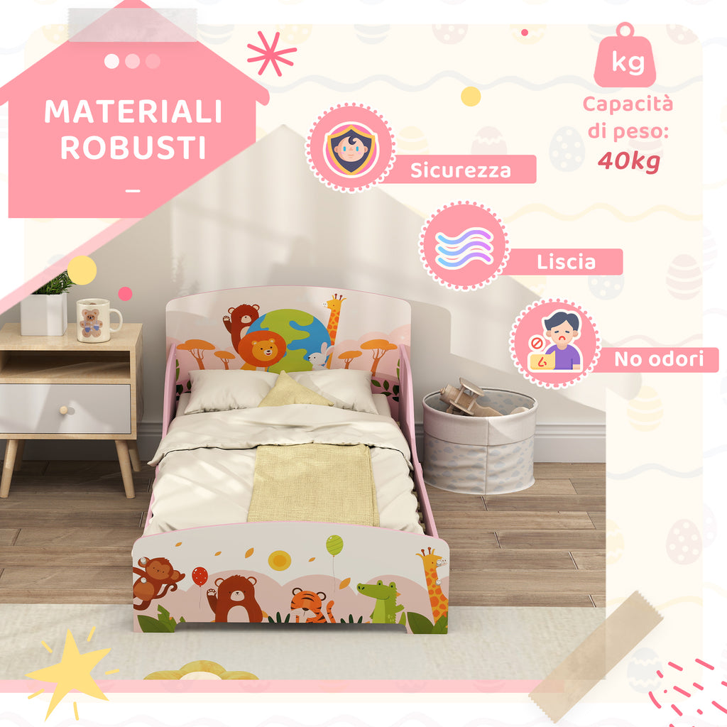 Wooden Cot for Children 3+ Years with Raised Edges and Safety Rails, 143x77x60 cm, Pink