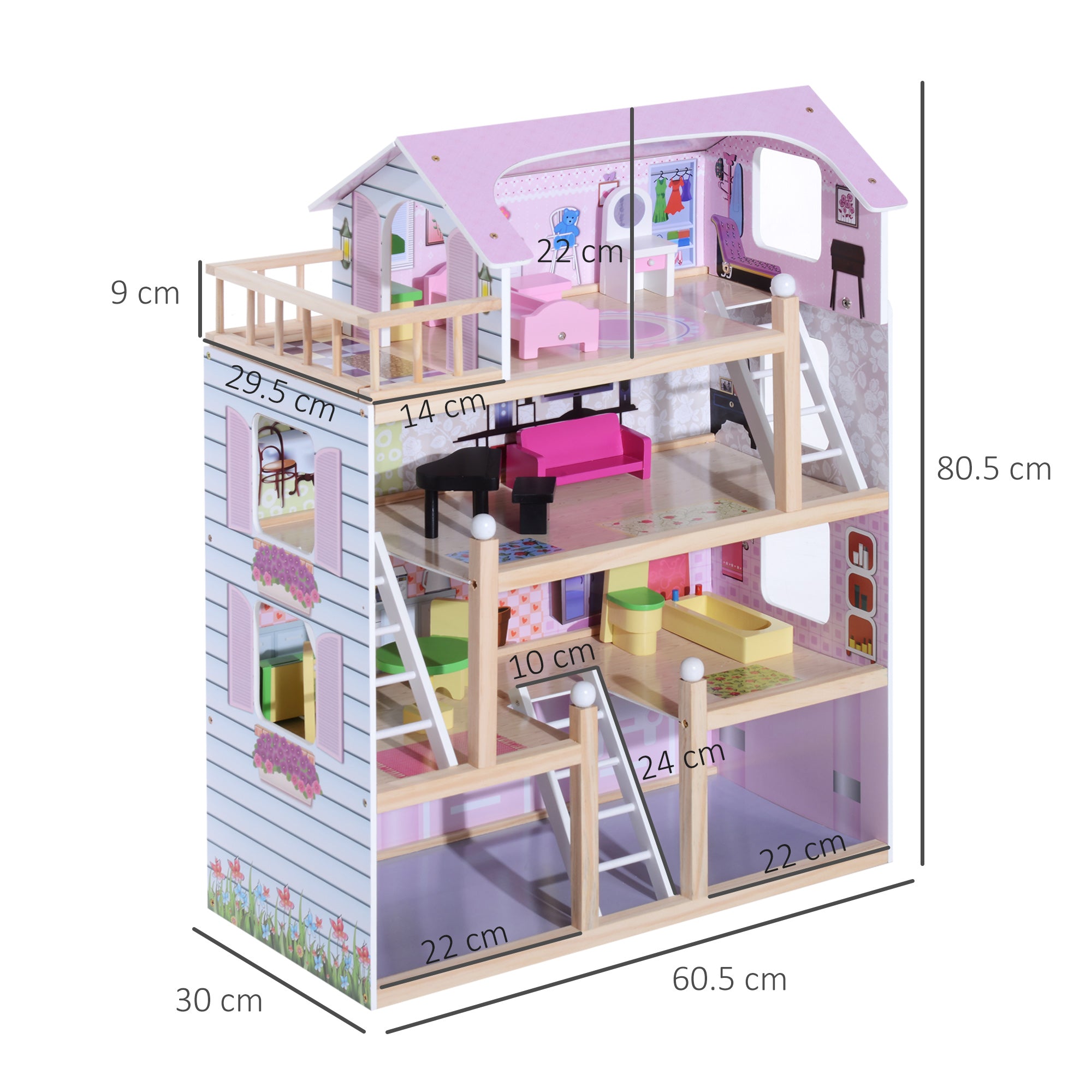4-Story Dollhouse for Children Ages 3+, Pine Wood and MDF, with 13 Accessories, Pink, 60x30x80 cm