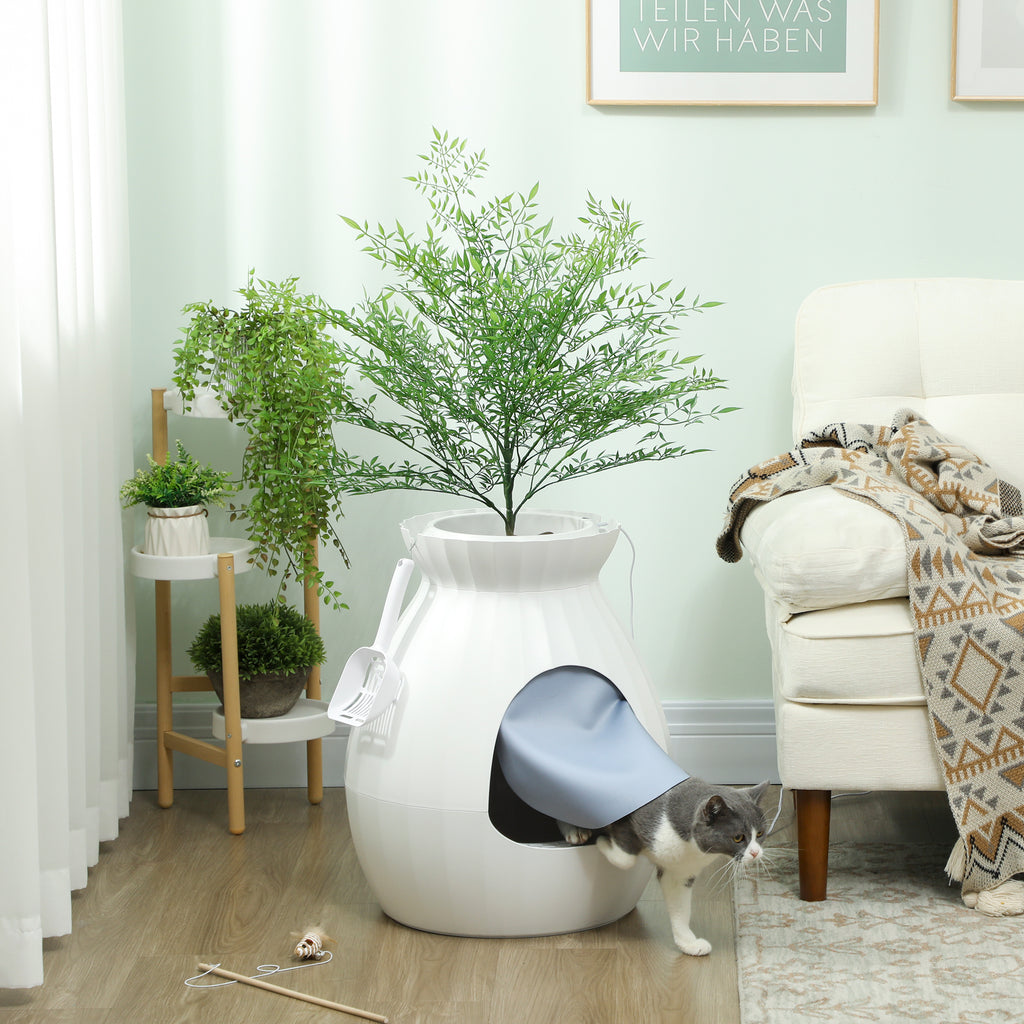 Odor-Resistant Cat Litter Box with Scoop, Pot-Shaped, Made of ABS and Stainless Steel, 50x48.5x58.7 cm, White