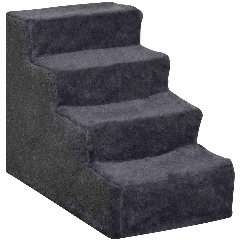PawHut Portable 4-Step Dog Stairs, Removable Velvet Fabric and Wood, 60x35x44 cm, Dark Grey