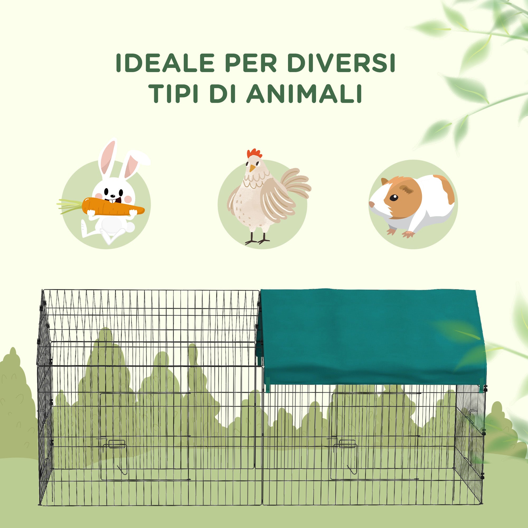 Pawhut cage for outdoor rabbits and interior with a house with roof, 220x85x103cm, green - Borgè