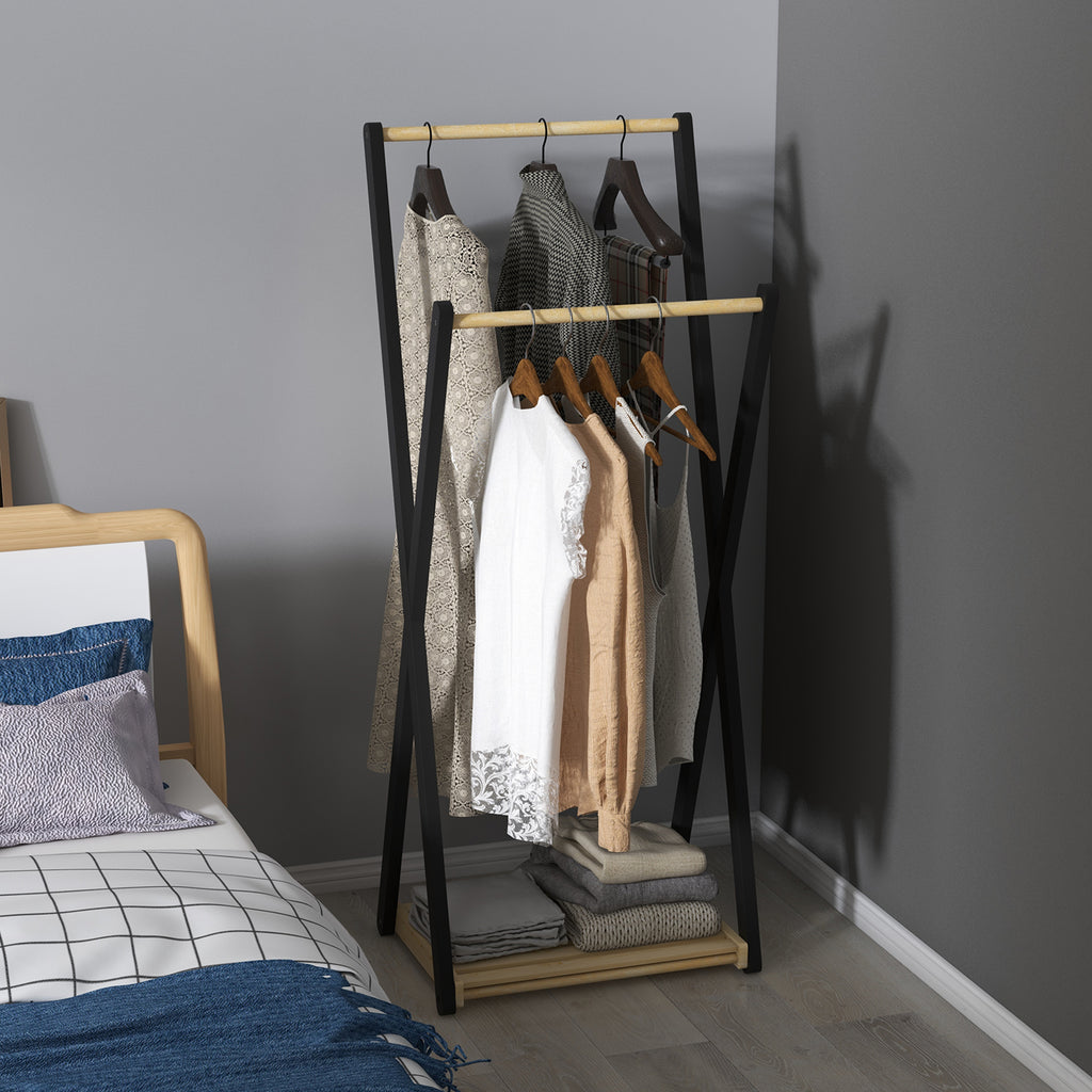 HOMCOM Wooden Floor Coat Rack with 2 Bars and Lower Shelf Modern Design, 61x45x152cm - Borgè