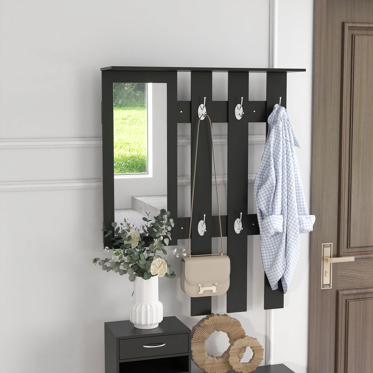 TWENTY | Hallway Furniture Coat Rack with Shoe Rack and Mirror, Chipboard, 90x10x102 cm, Black