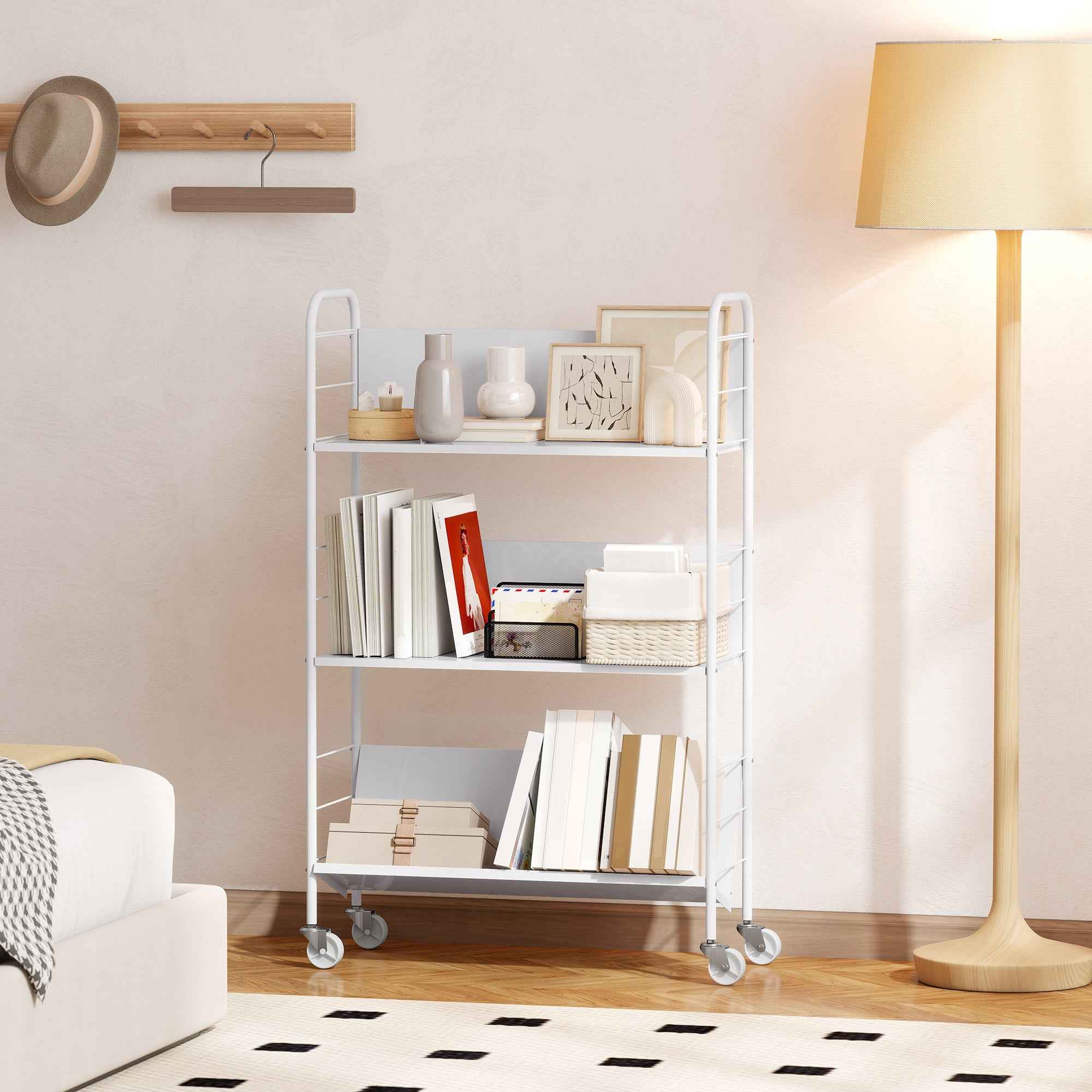 HOMCOM Modern 3-Tier Book Cart with Swivel Wheels for Books and Magazines, 69x26x108 cm, White