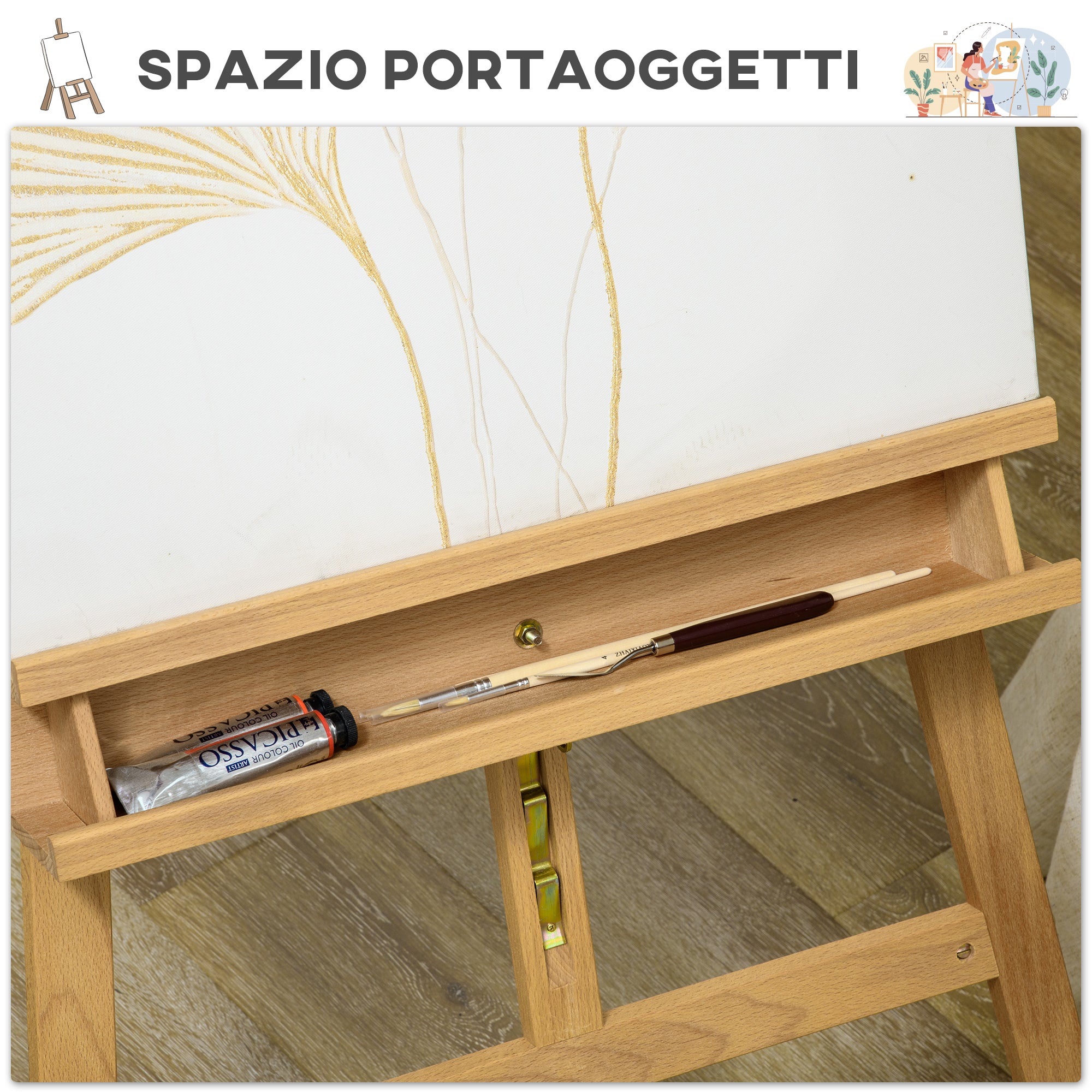 Vinsetto Folding Beech Easel with Adjustable Height and Angle, 65x110x180-235 cm