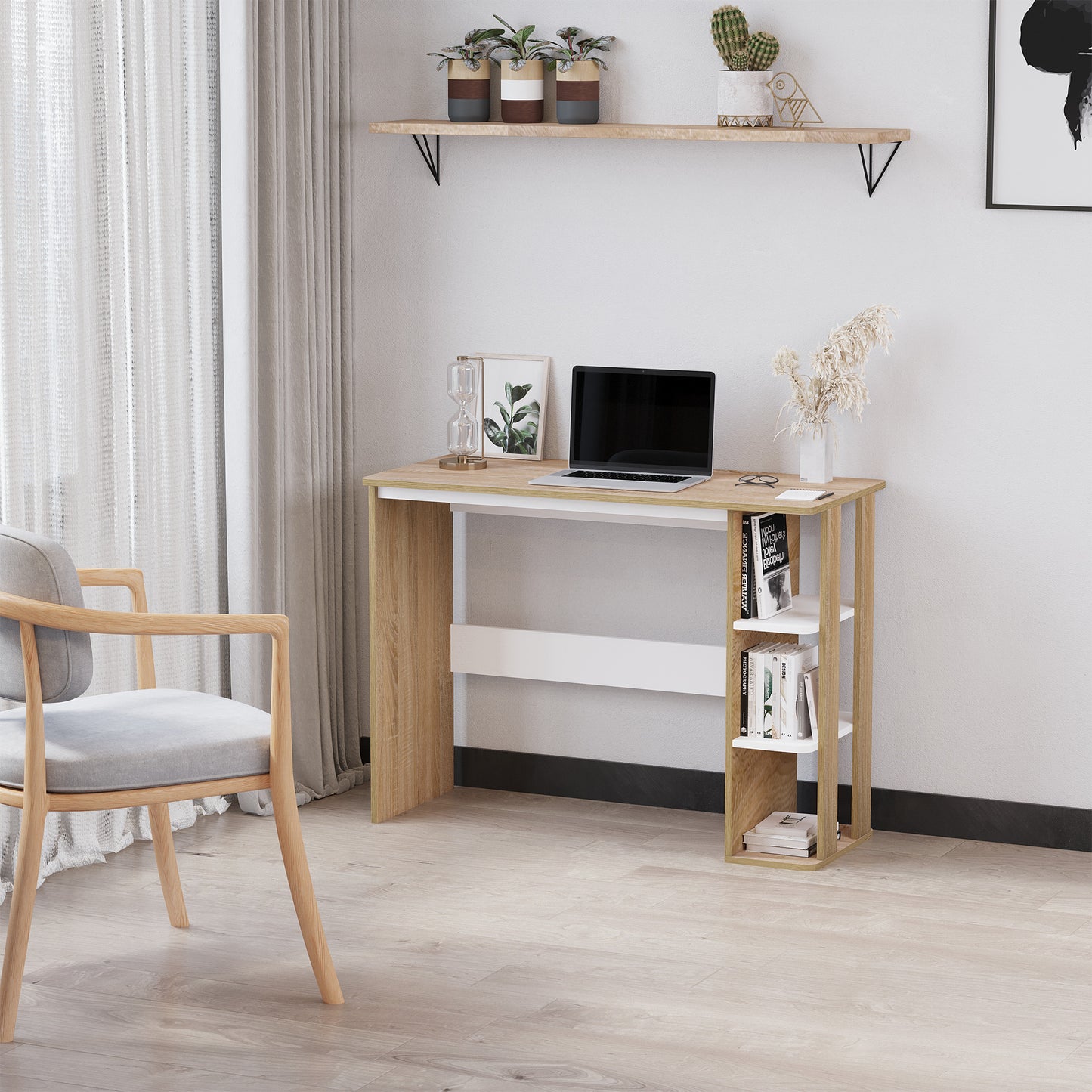 HOMCOM Modern Wooden Desk with 3-Tier Shelf, 100x44x74cm, White and Oak - Borgè