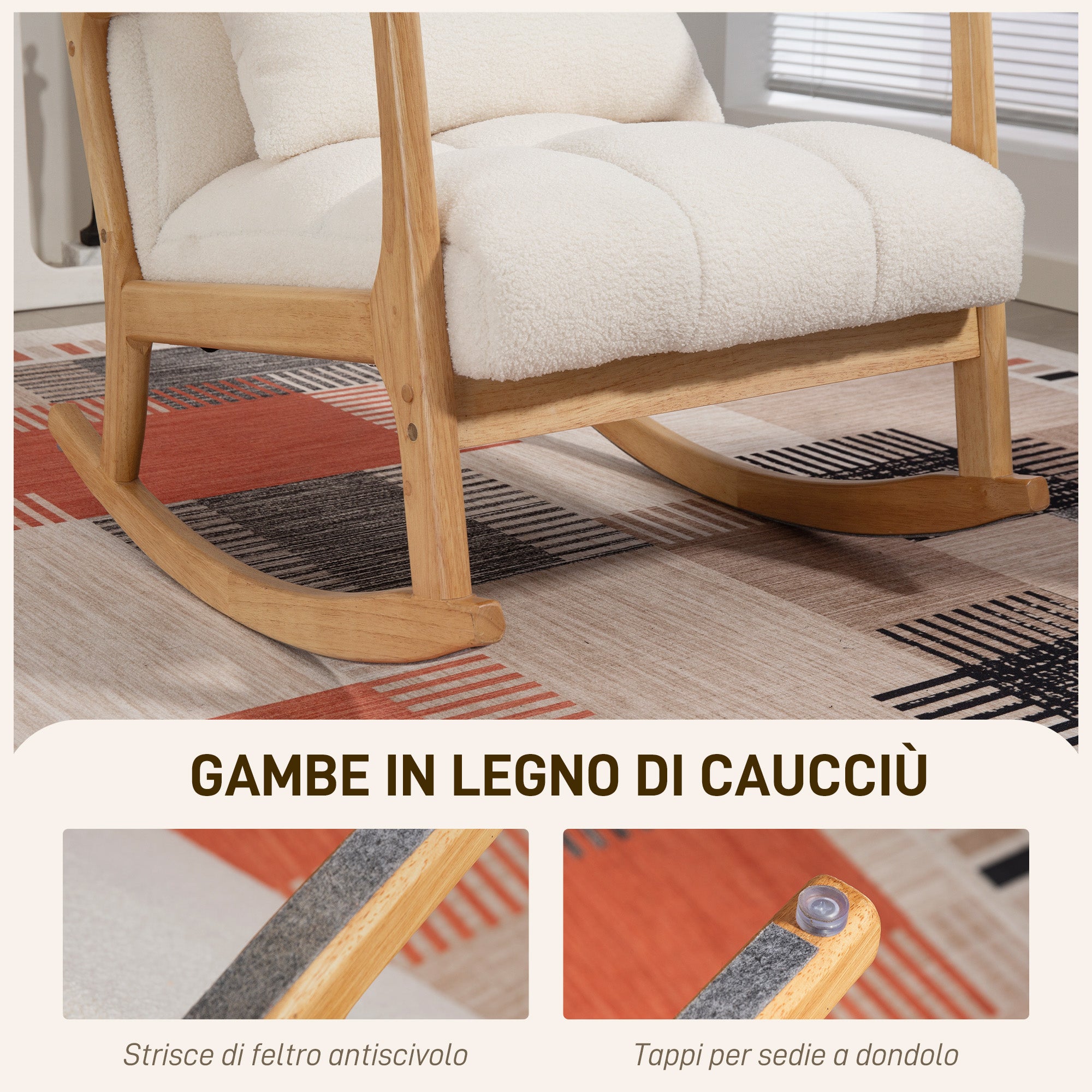 90°-130° Rocking Chair with Lumbar Cushion, Sherpa Fabric Upholstery, 64.5x82x89 cm, White and Wood Color