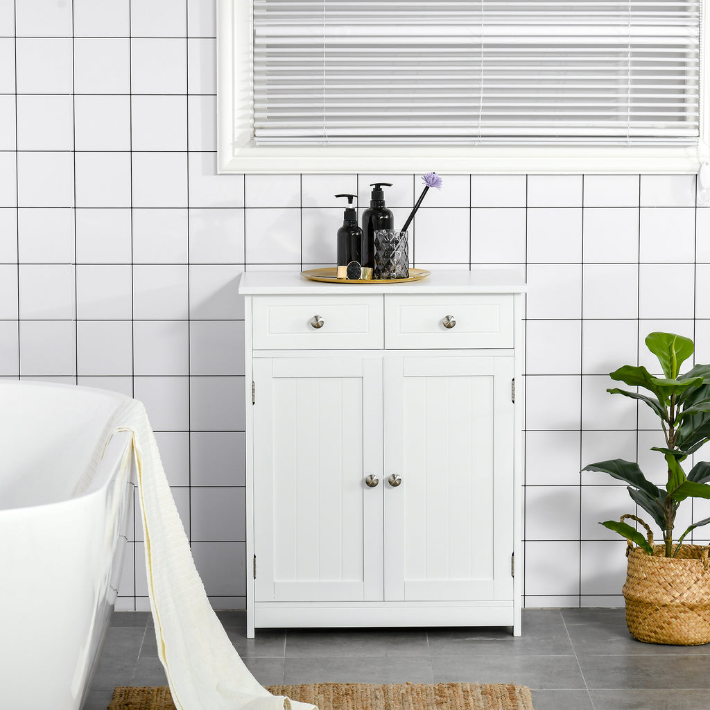 2-Door Bathroom Cabinet with Adjustable Shelf and 2 Wooden Drawers, 60x30x75 cm, White