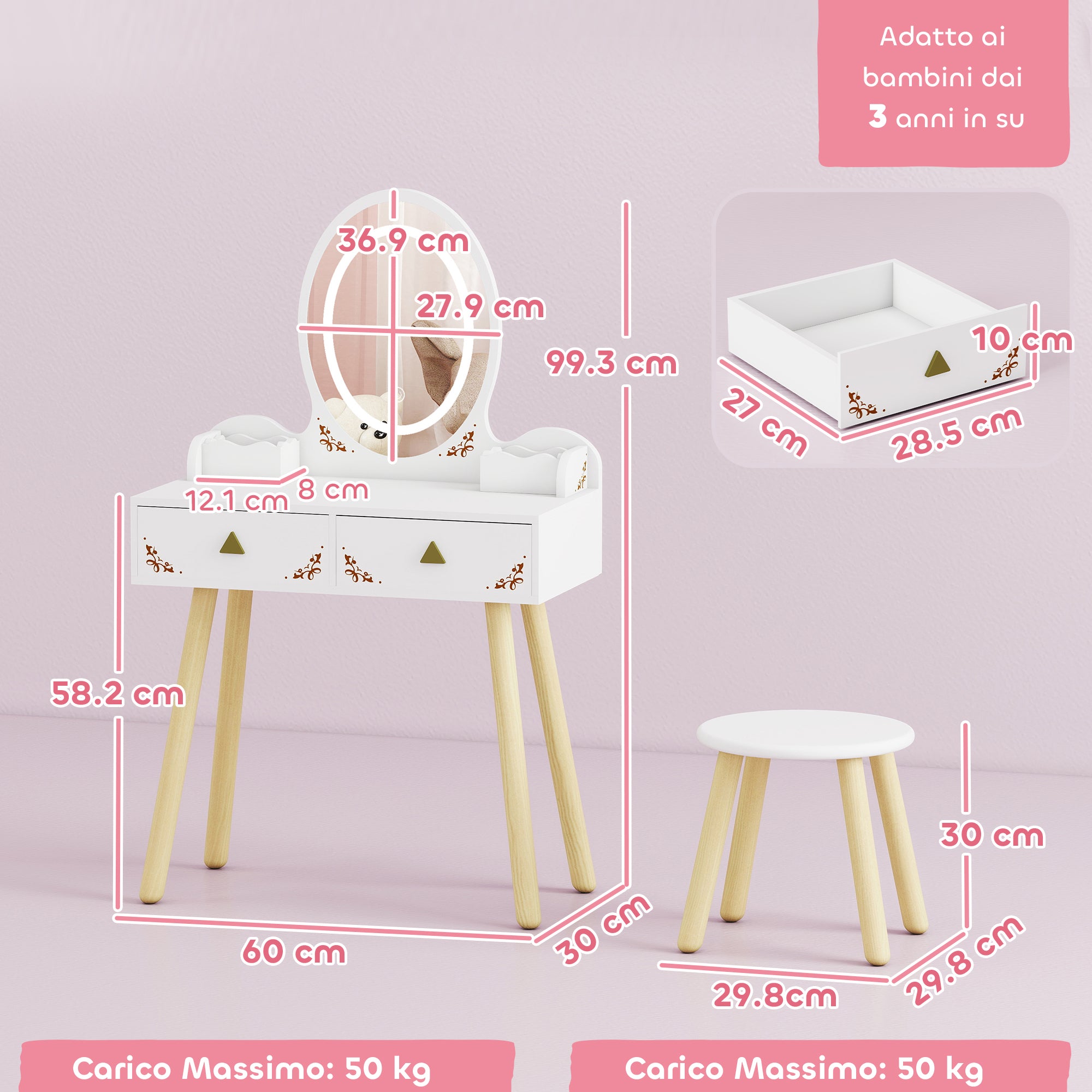 Children's Dressing Table Set with Illuminated Mirror and Stool, 2 Drawers and 2 Boxes, White