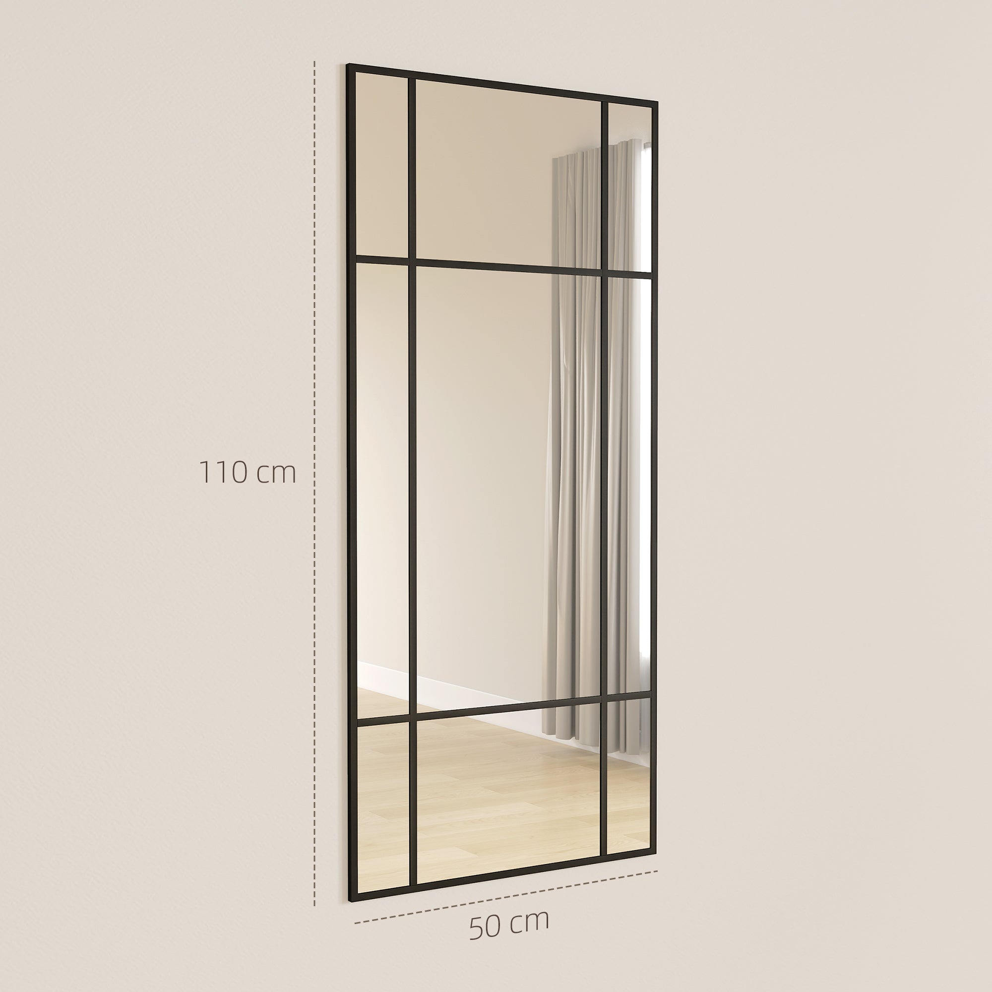 Window Style Wall Mirror with Vertical and Horizontal Mounting, 110x50cm, Black