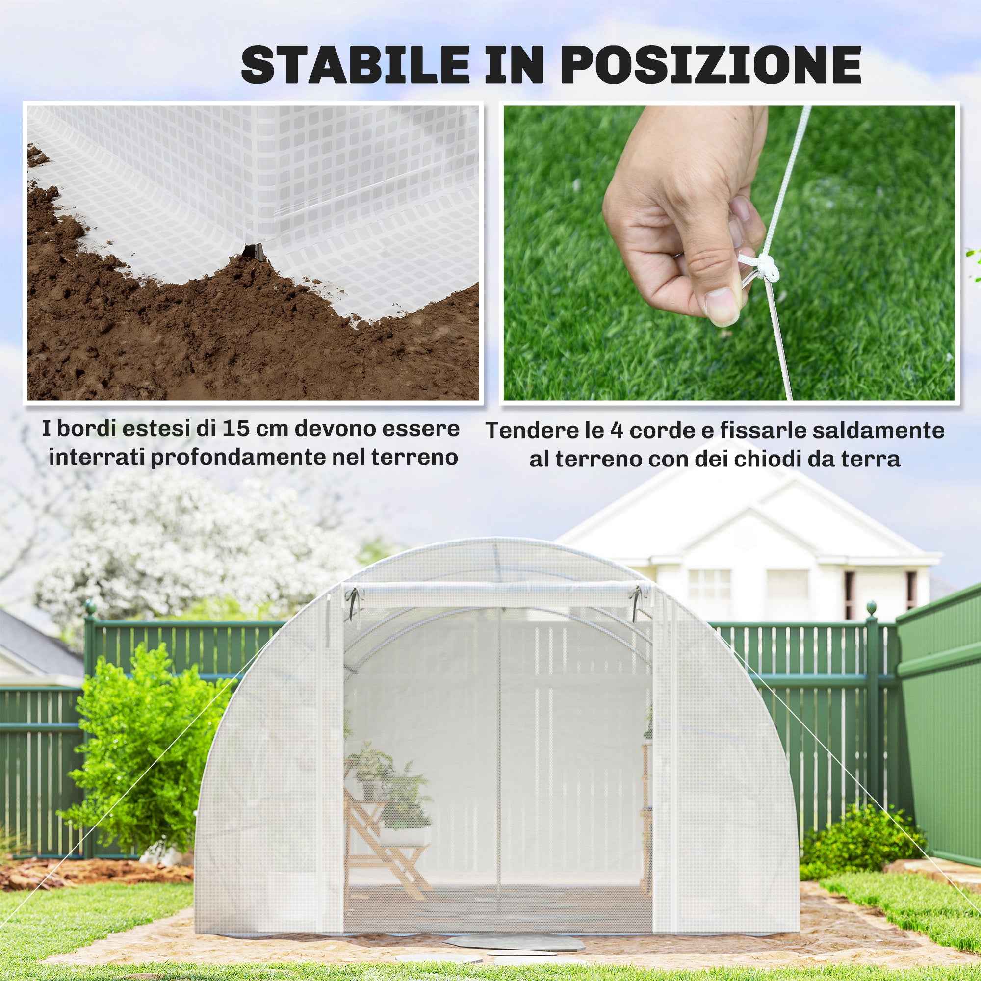 Outsunny Tunnel Greenhouse with 2 Removable Poles and Mesh Doors and Windows, in Galvanized Steel and PE, 396x300x200 cm, White
