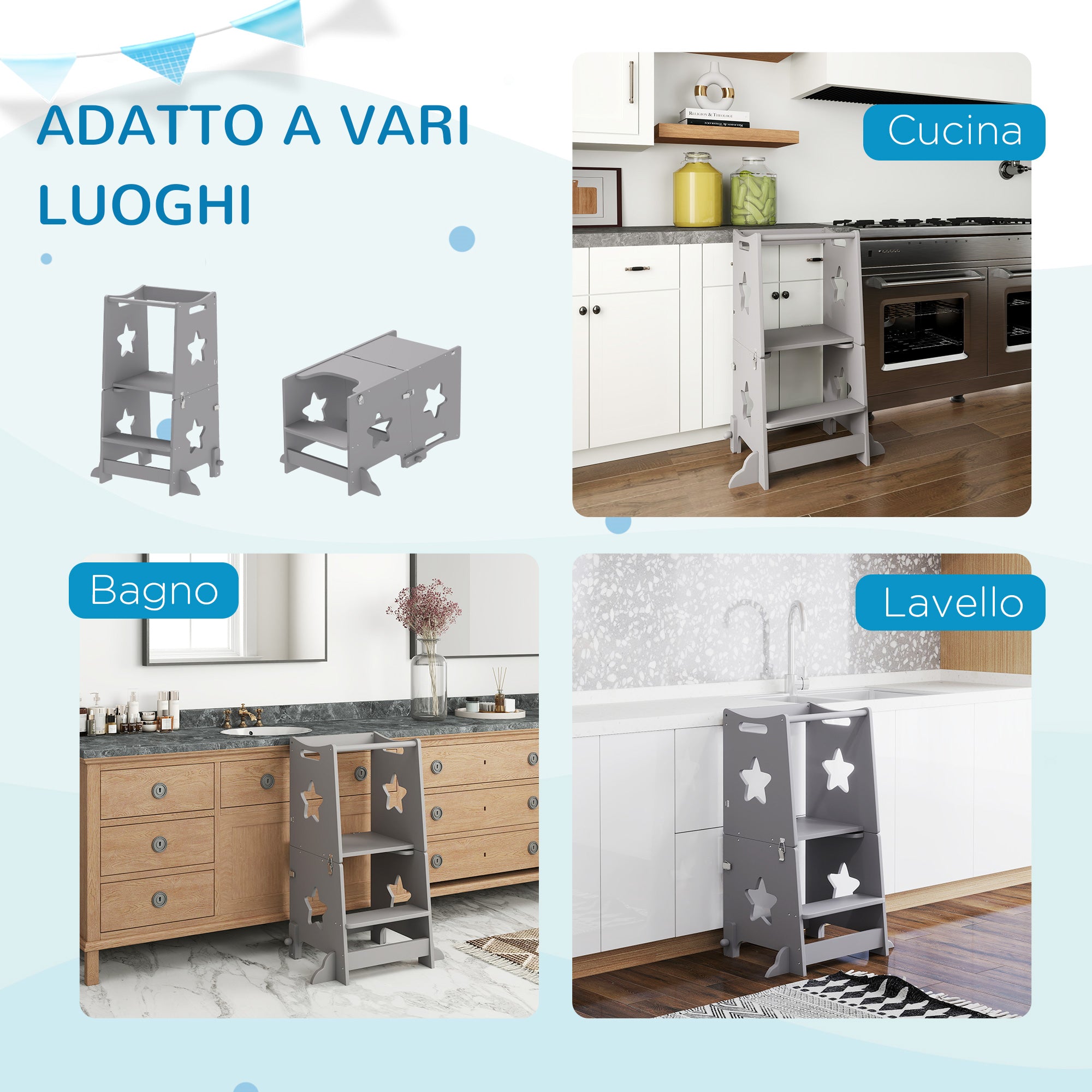 Montessori Ladder Convertible to Table and Chair Set with Safety Bar, Wooden, 60x44.5x86 cm, Grey