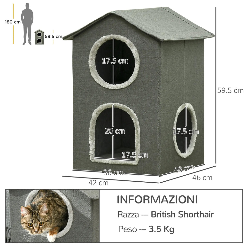 Two Level Cat House with Washable Cushions 3 Entrances, 42x46x59.5 cm, Grey - Borge' Group Limited