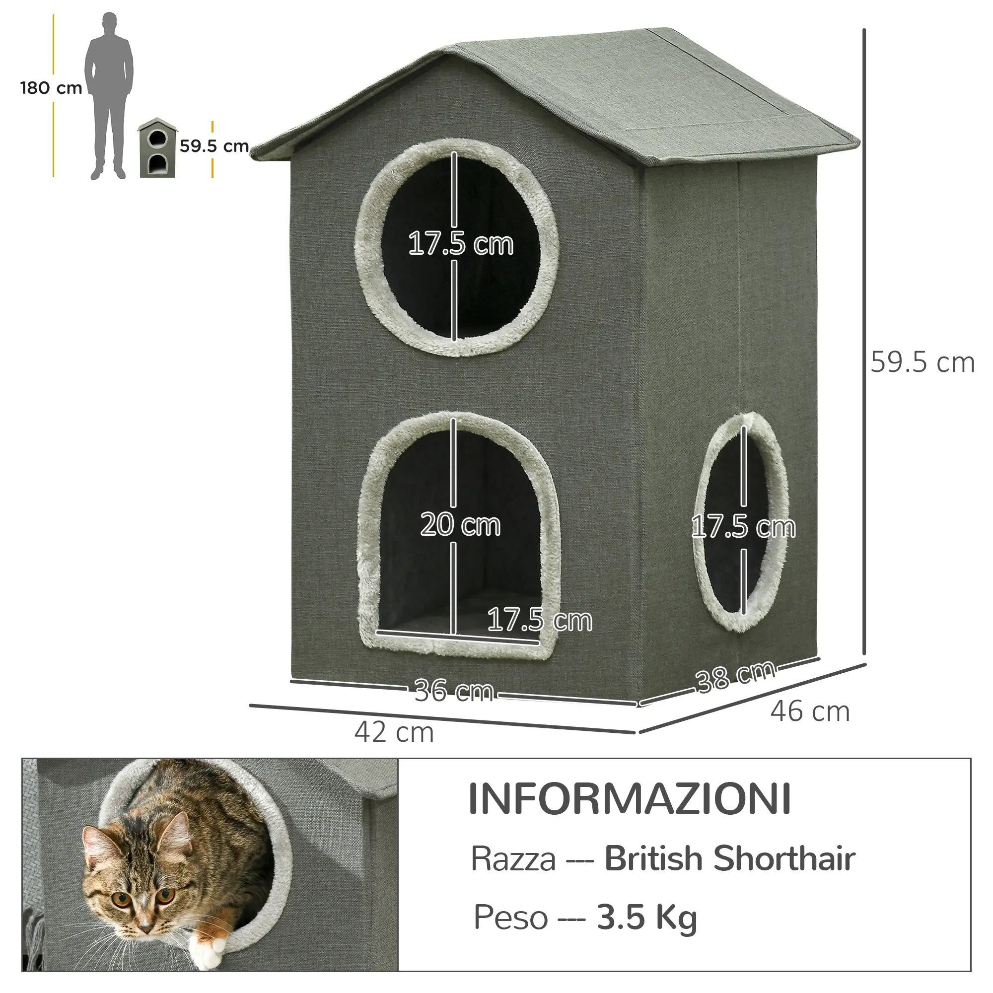Two Level Cat House with Washable Cushions 3 Entrances, 42x46x59.5 cm, Grey - Borge' Group Limited