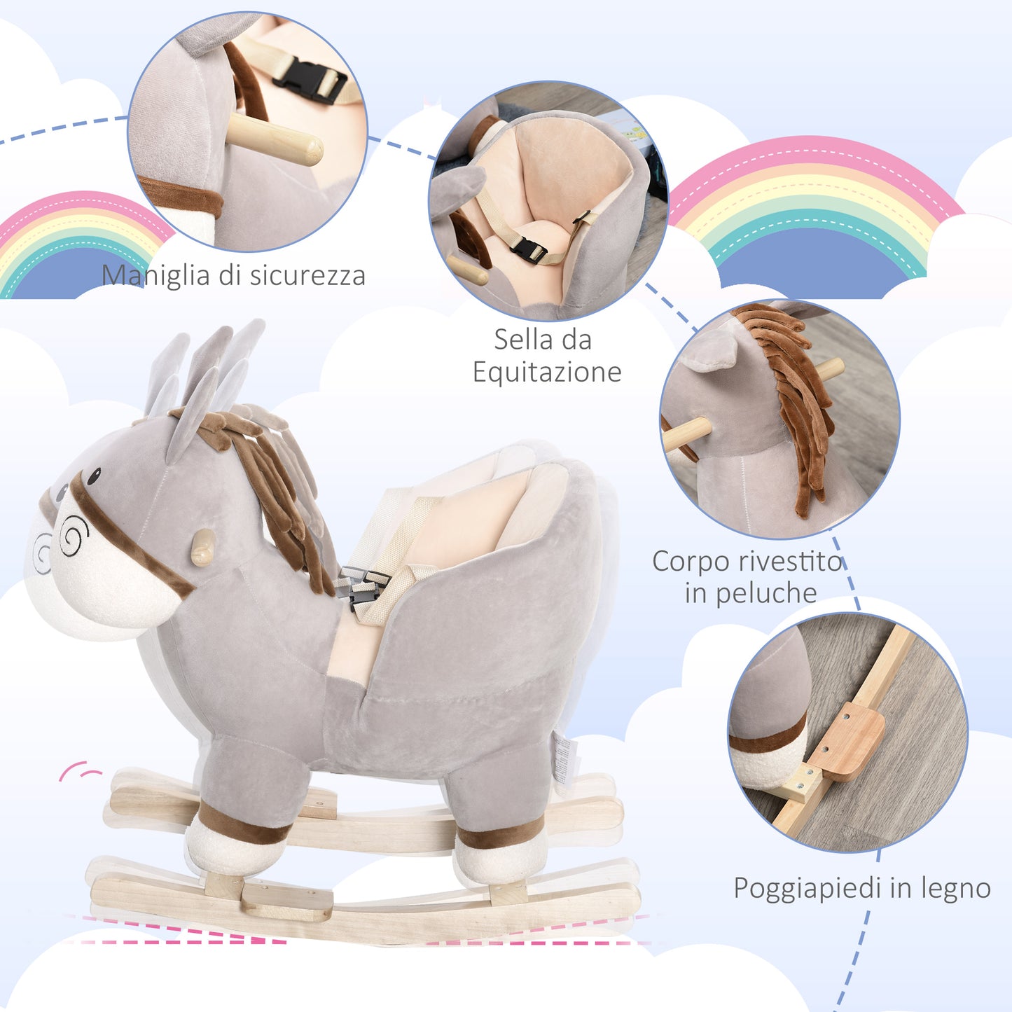 HOMCOM Rocking Horse for Children 18-36 Months, Donkey-Shaped Rocking Horse with Realistic Sounds in Poplar Wood and Plush, Gray