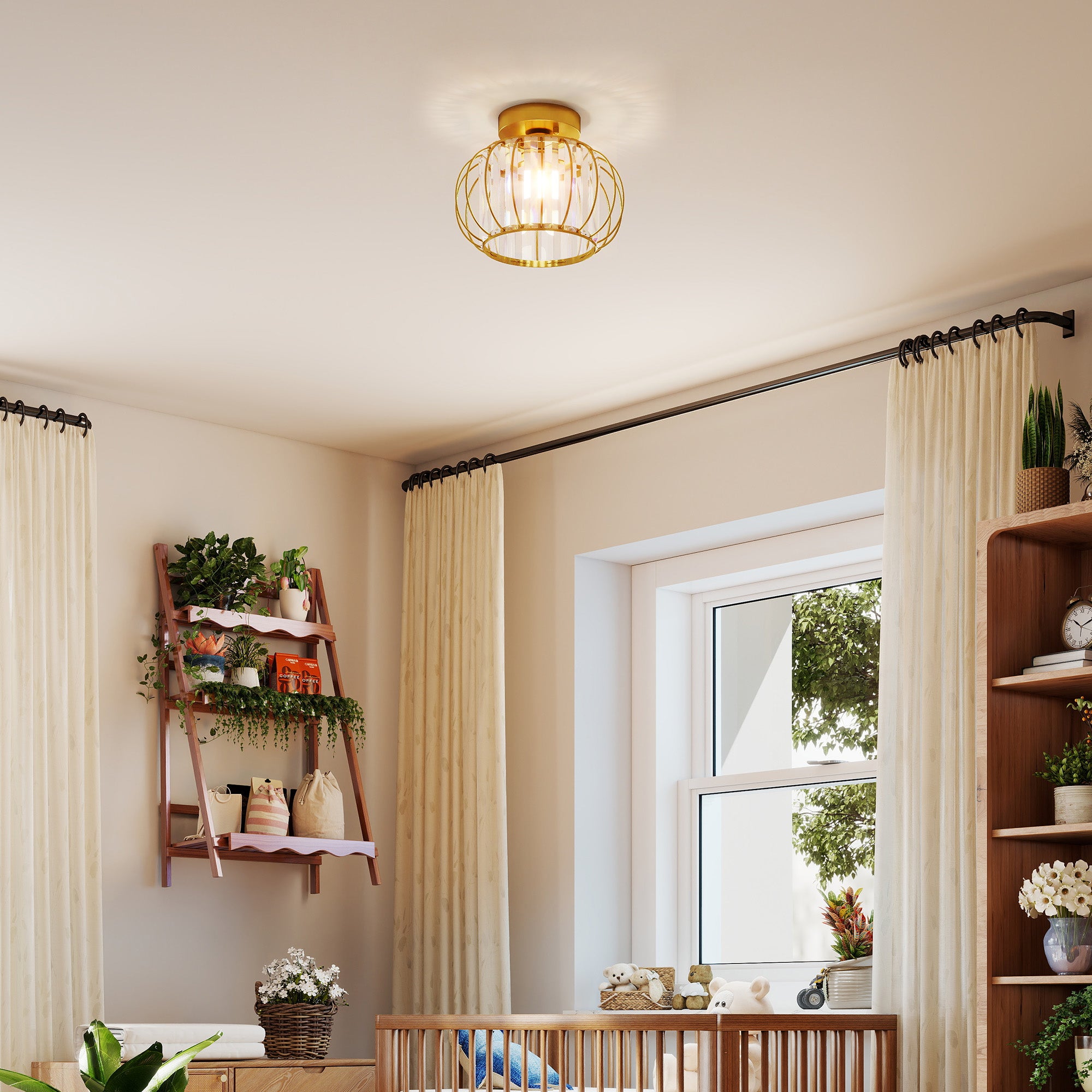 Modern and Minimal LED Cage Ceiling Light with 18 Crystals, Gold Metal, Ø27x19 cm