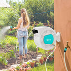 Outsunny Retractable Garden Hose Reel with 25+2m Water Hose and 7 Nozzles for Irrigation, Green and Light Grey