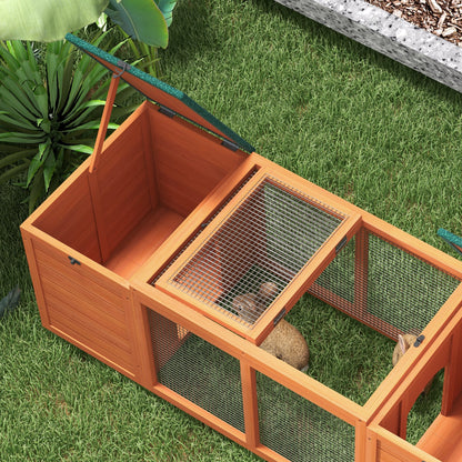 Wooden Hutch with 2 Houses, Central Fence and Opening Roof, 140x52x46cm, Orange - Borgè