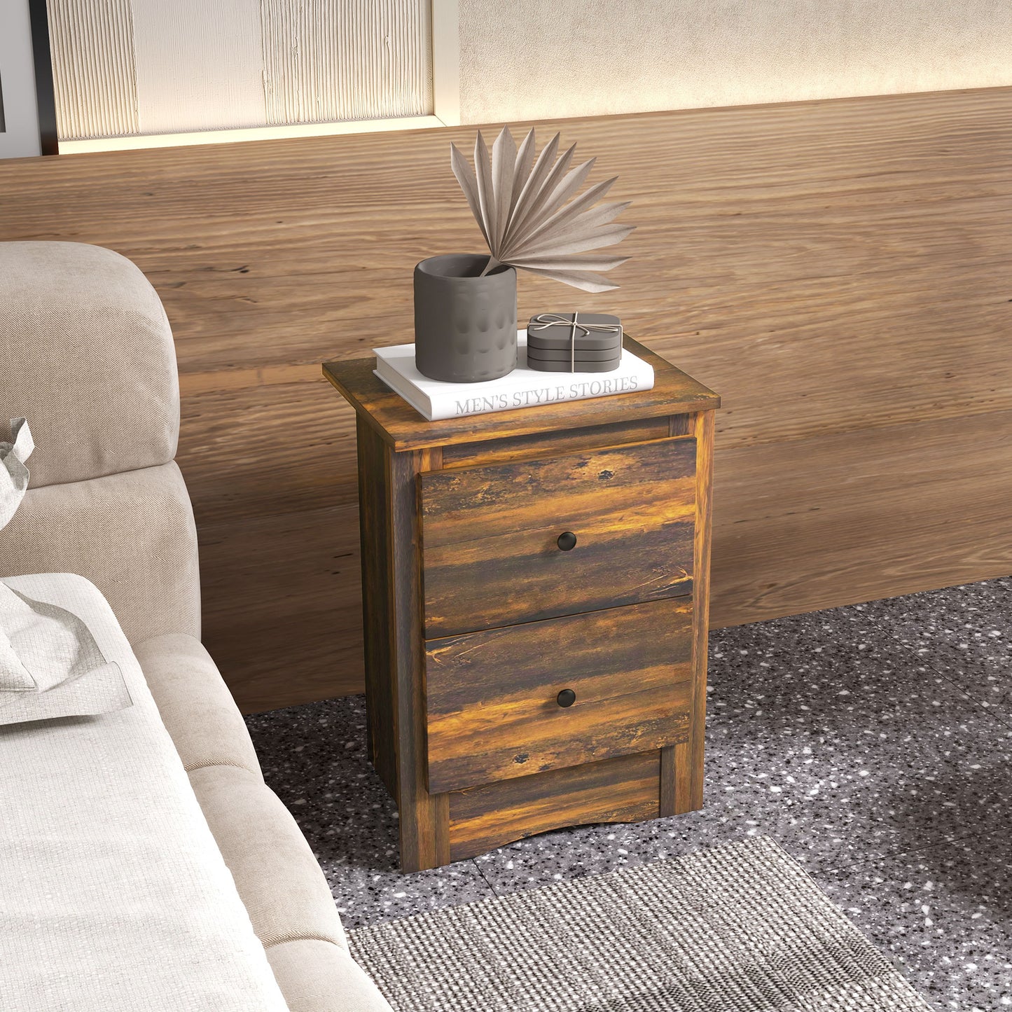 Rustic Style Wooden Bedside Table with 2 Drawers, 40x30x56 cm, Brown