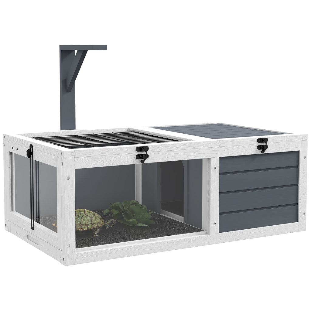PawHut Turtle House with 2 Opening Lids and 2 Spaces, Made of Fir Wood, Grey