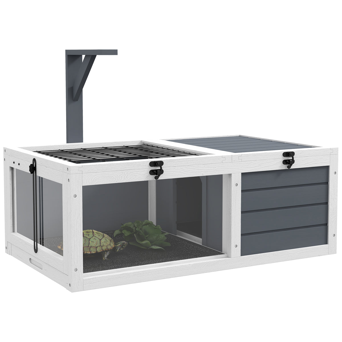 PawHut Turtle House with 2 Opening Lids and 2 Spaces, Made of Fir Wood, Grey