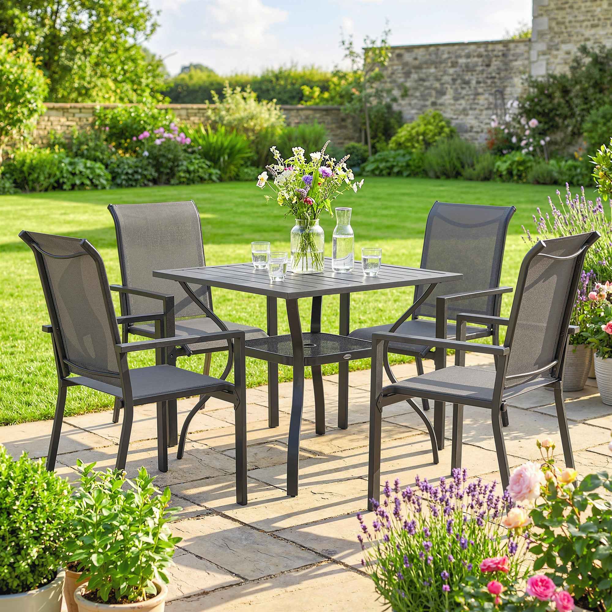 Outsunny 5-Piece Steel Garden Set with 4 Stackable Chairs and Table with Center Hole and Bottom Shelf, Grey