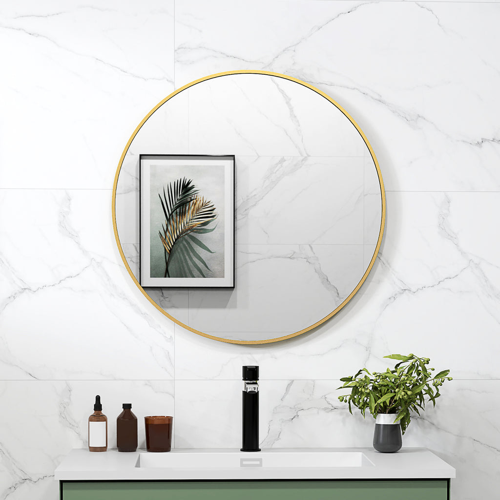 Round Bathroom Mirror with Shockproof Surface, Glass and Steel, Ø70x2.5 cm, Gold Color