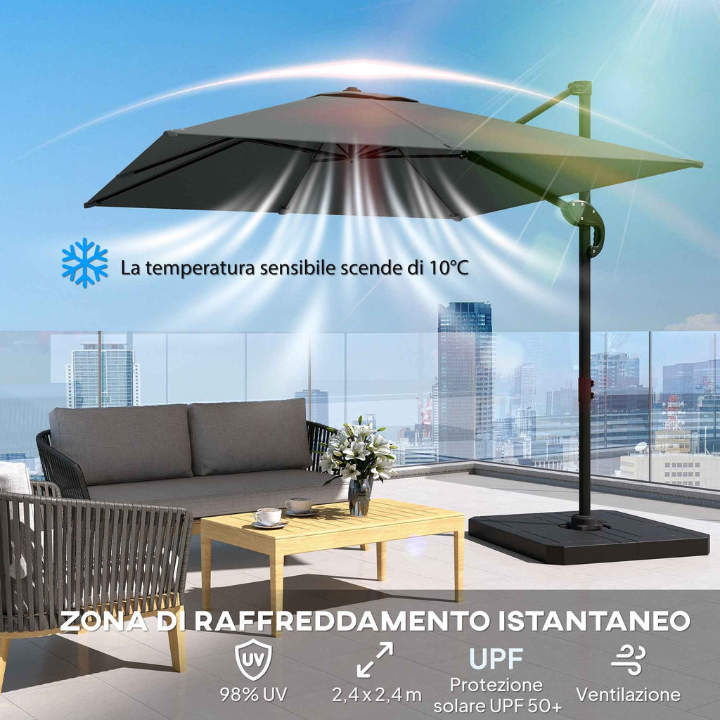 Outsunny 2.4x2.4m Hand Crank Garden Umbrella with Fillable and Rotating Base, Dark Grey