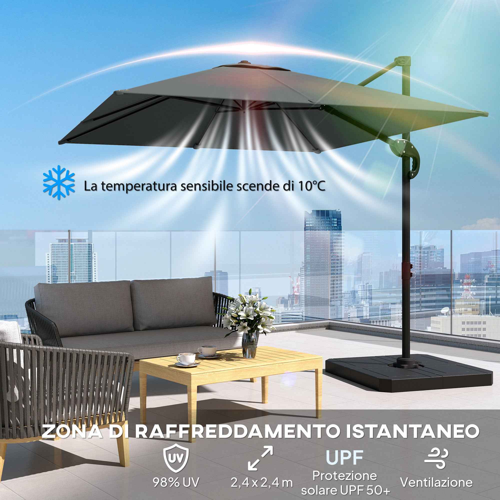 Outsunny 2.4x2.4m Hand Crank Garden Umbrella with Fillable and Rotating Base, Dark Grey