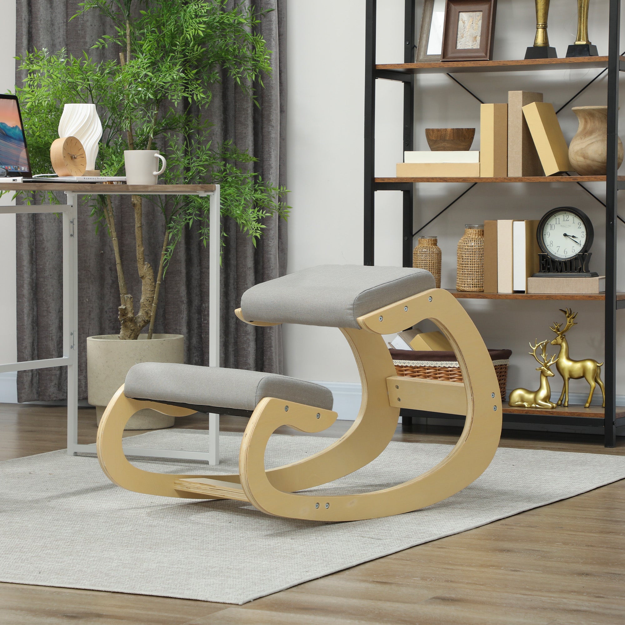Ergonomic Kneeling Chair with Reclining Function, in Linen and Wood Effect Fabric, 55x85x55 cm, Light Grey