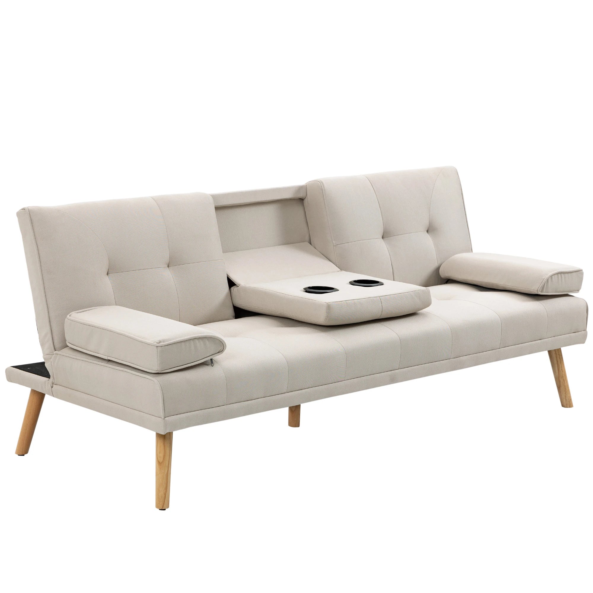 3 Seater Reclining Sofa Bed with Linen Effect Upholstery and Drop-Leaf Table, Beige
