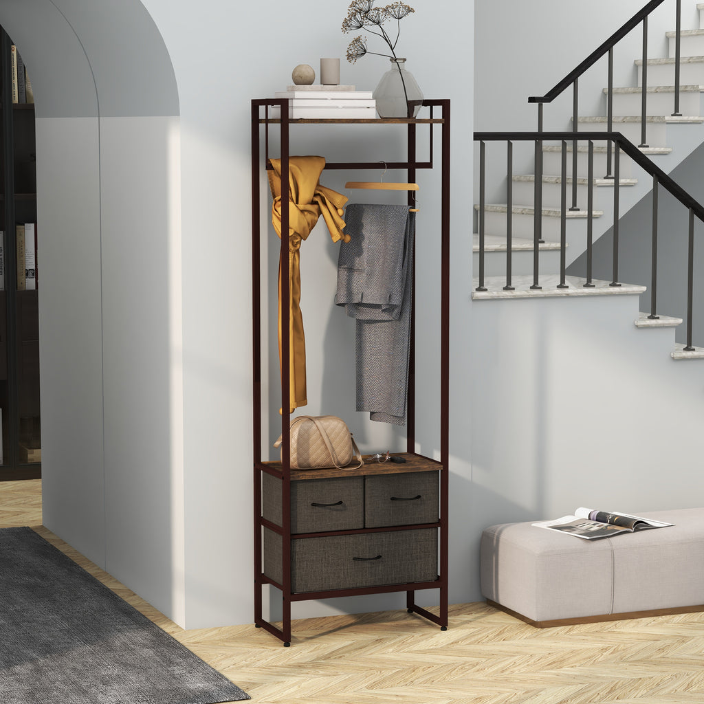 HOMCOM Floor Coat Hanger with Rod, 3 Drawers and Shelves, in MDF Wood and Steel, 58.5x30x178 cm, Brown - Borgè