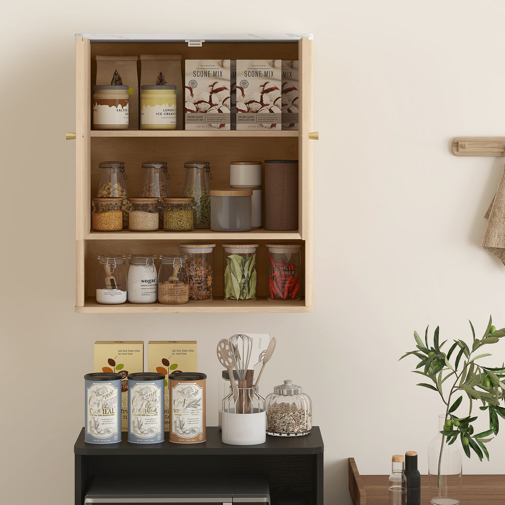 Wall-Mounted Bathroom Cabinet with Open Shelf and Decorated Doors, Marble Effect Top, 60x18x70 cm, Oak