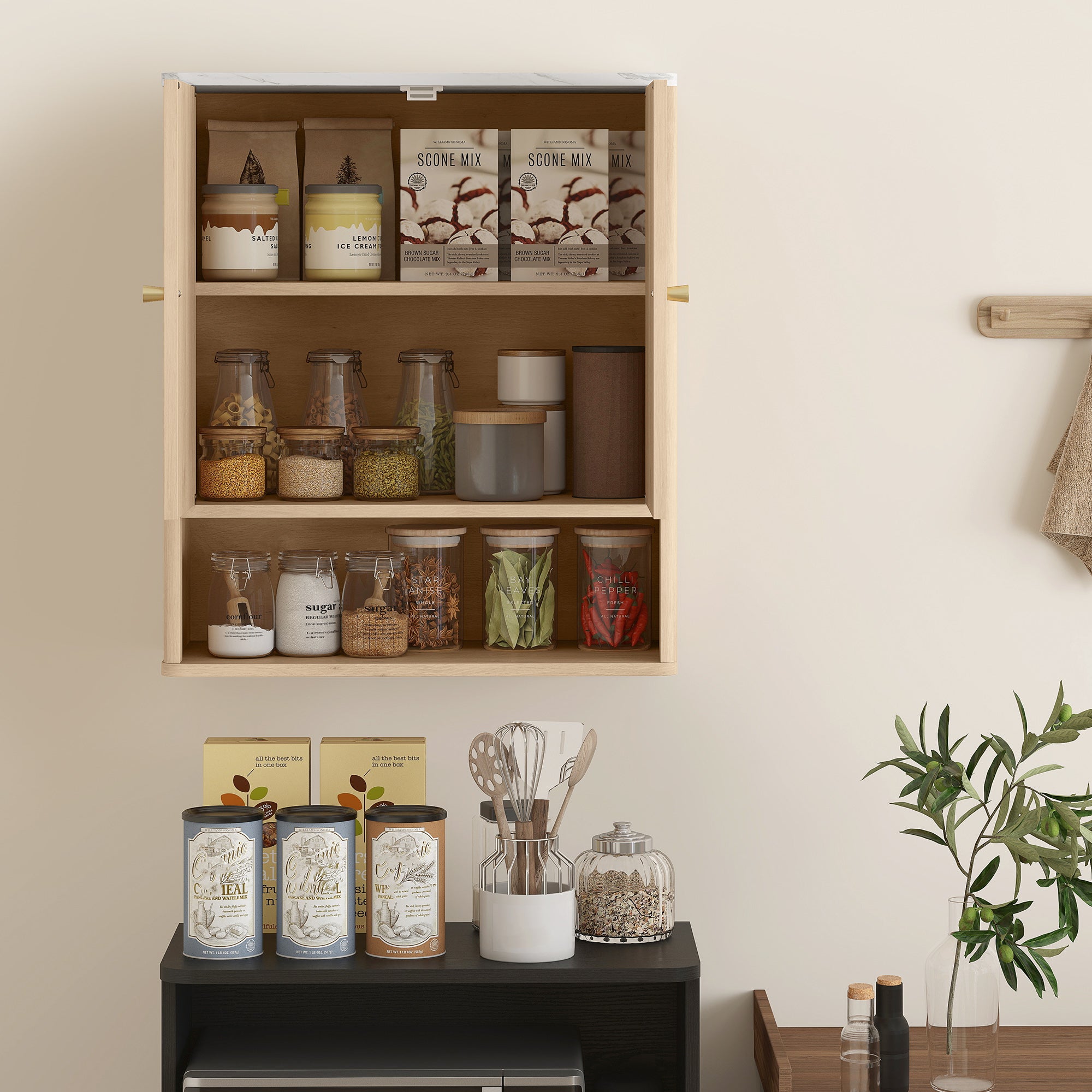 Wall-Mounted Bathroom Cabinet with Open Shelf and Decorated Doors, Marble Effect Top, 60x18x70 cm, Oak